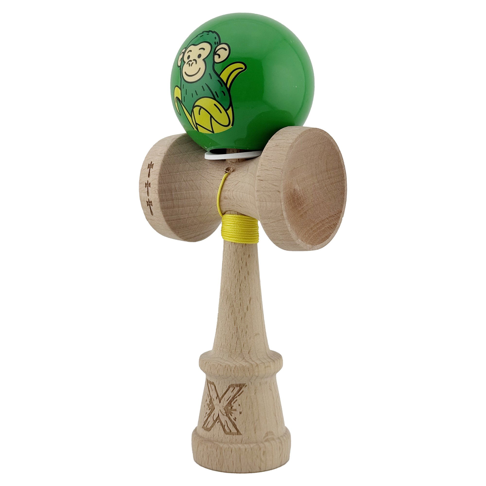Kendama X Originala, Profesionala, Flippy, Green Monkey, Super Sticky cu Cupe Mari King Size V3, Rulment Metalic si Gaura in Baza, din Lemn 18 cm, Ata 62/65 cm, Verde [3]