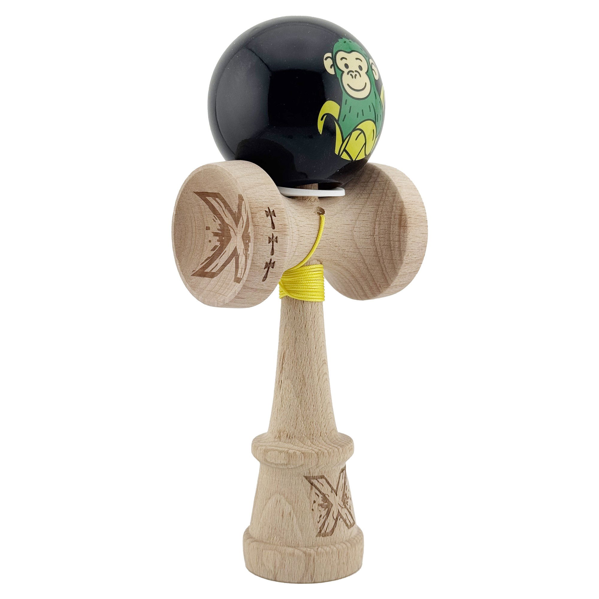 Kendama Monkey V3 Cupe Mari - Kendama X Originala, Profesionala, Flippy, Green Monkey, Super Sticky cu Cupe Mari King Size V3, Rulment Metalic si Gaura in Baza, din Lemn 18 cm, Ata 62/65 cm, Negru