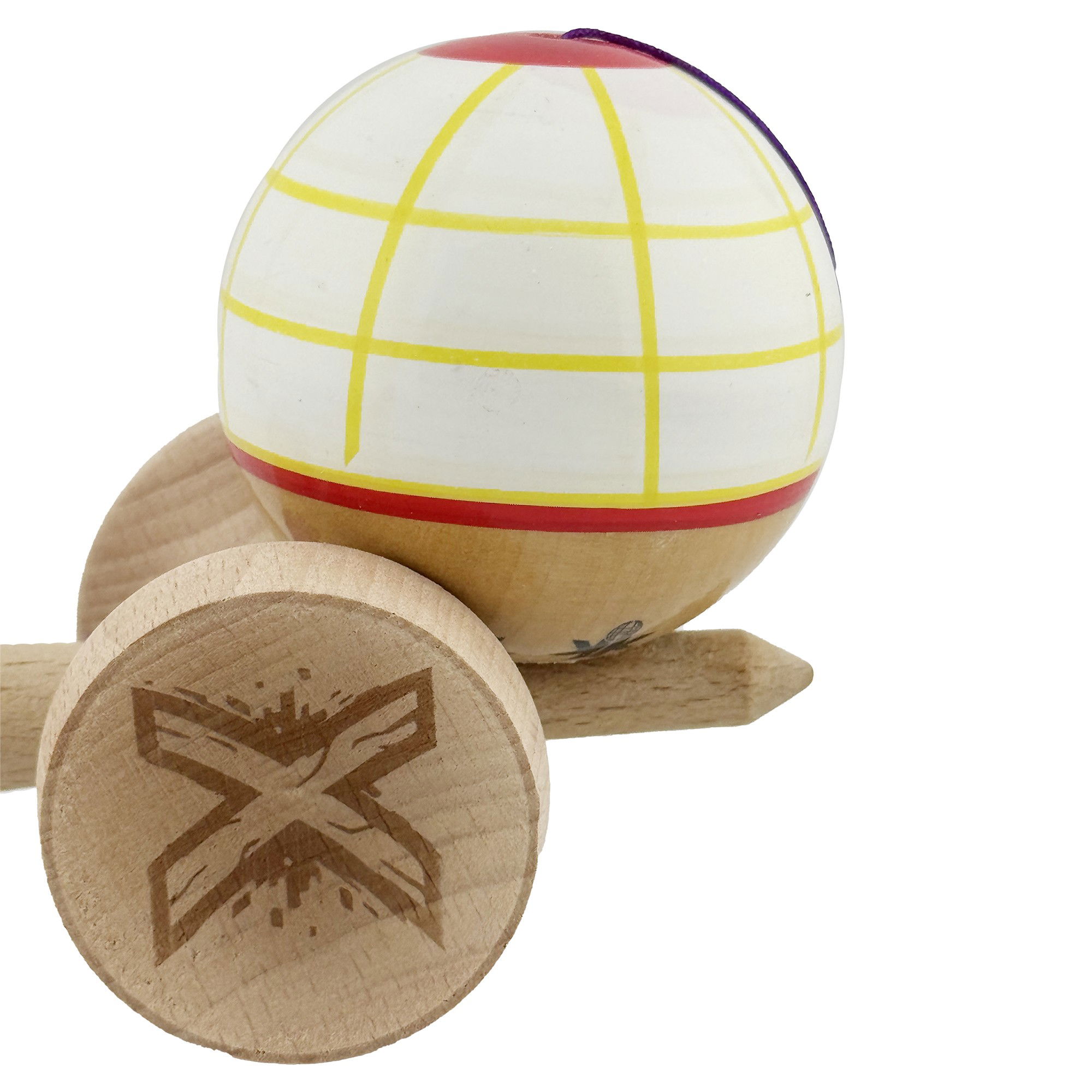 Kendama X Originala, Profesionala, Flippy, Legendary Glob, Cupe Mari KING SIZE V3, Super Sticky, Gaura in Baza, Rulment Metalic, din lemn 18 cm, Ata 62/65 cm, Alb/Galben/Rosu [8]