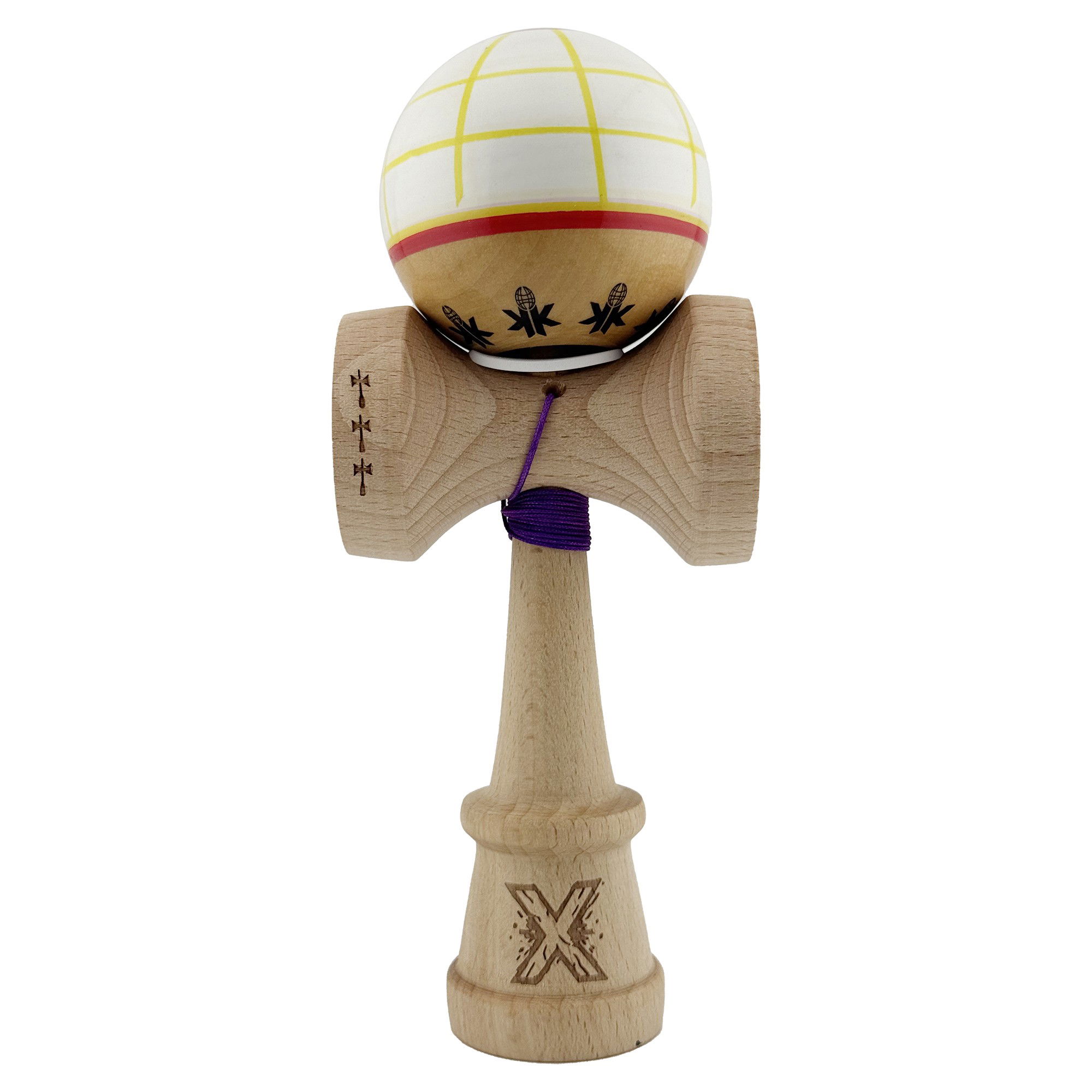 Kendama Legendary V3 King Size - Kendama X Originala, Profesionala, Flippy, Legendary Glob, Cupe Mari KING SIZE V3, Super Sticky, Gaura in Baza, Rulment Metalic, din lemn 18 cm, Ata 62/65 cm, Alb/Galben/Rosu