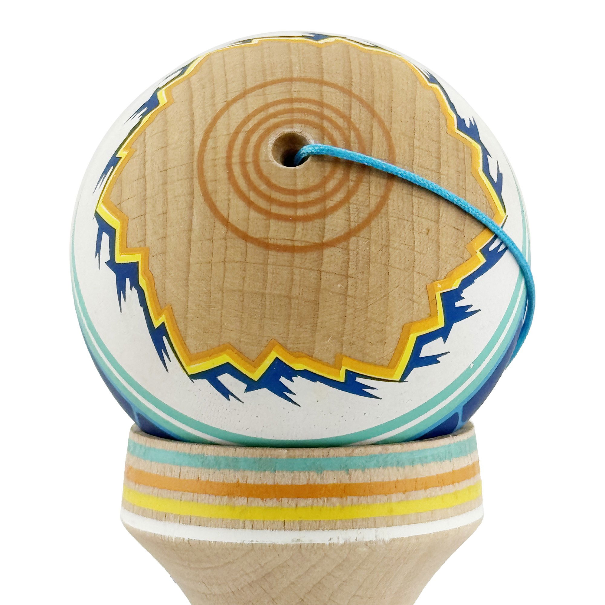 Kendama X Originala, Profesionala, Flippy, MOUNTAINS, Model Anti Skid cu Cupe Mari KING SIZE V3, Gaura in Baza, Rulment Metalic, din lemn 18 cm, Ata 62/65 cm, Albastru Multicolor [10]