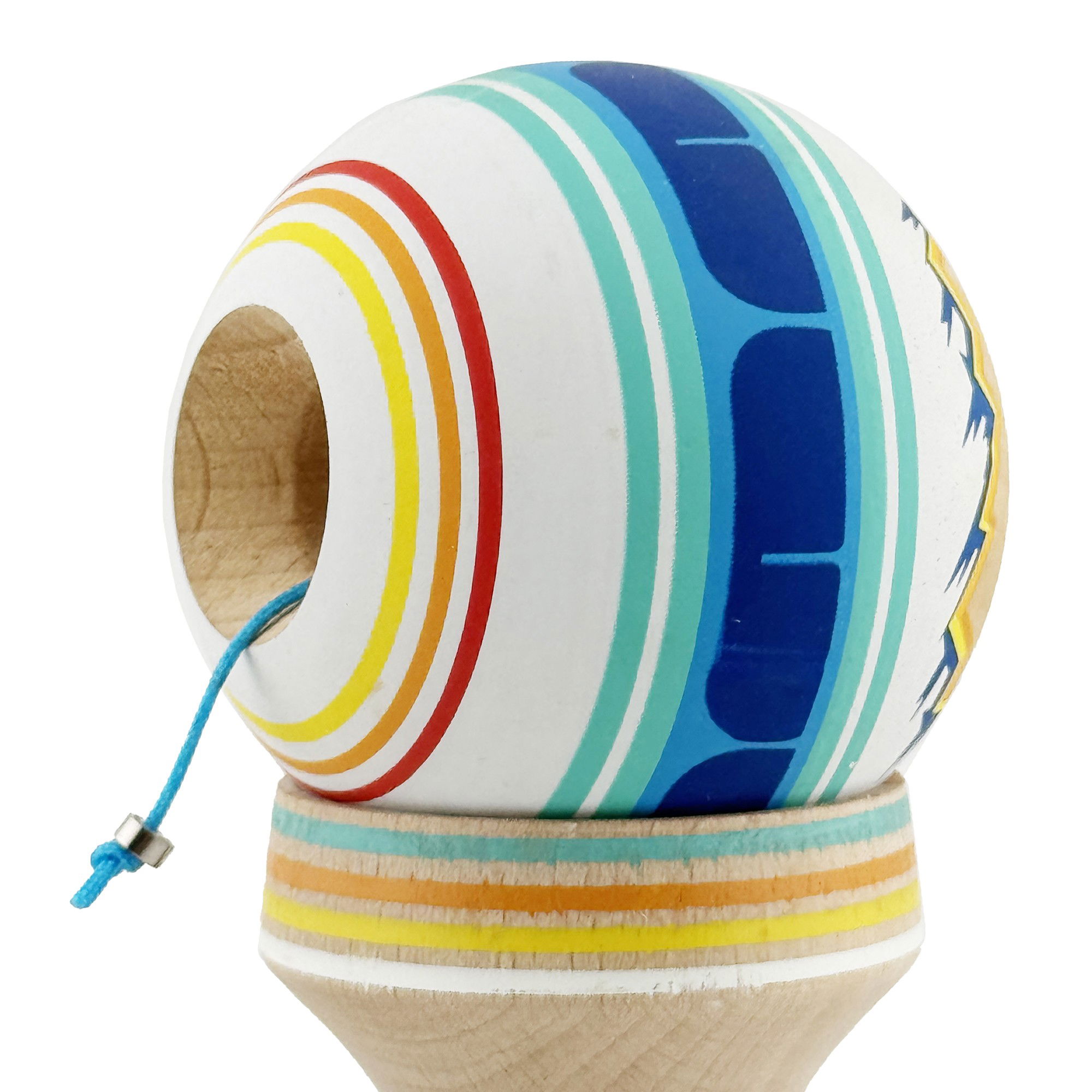 Kendama X Originala, Profesionala, Flippy, MOUNTAINS, Model Anti Skid cu Cupe Mari KING SIZE V3, Gaura in Baza, Rulment Metalic, din lemn 18 cm, Ata 62/65 cm, Albastru Multicolor [7]