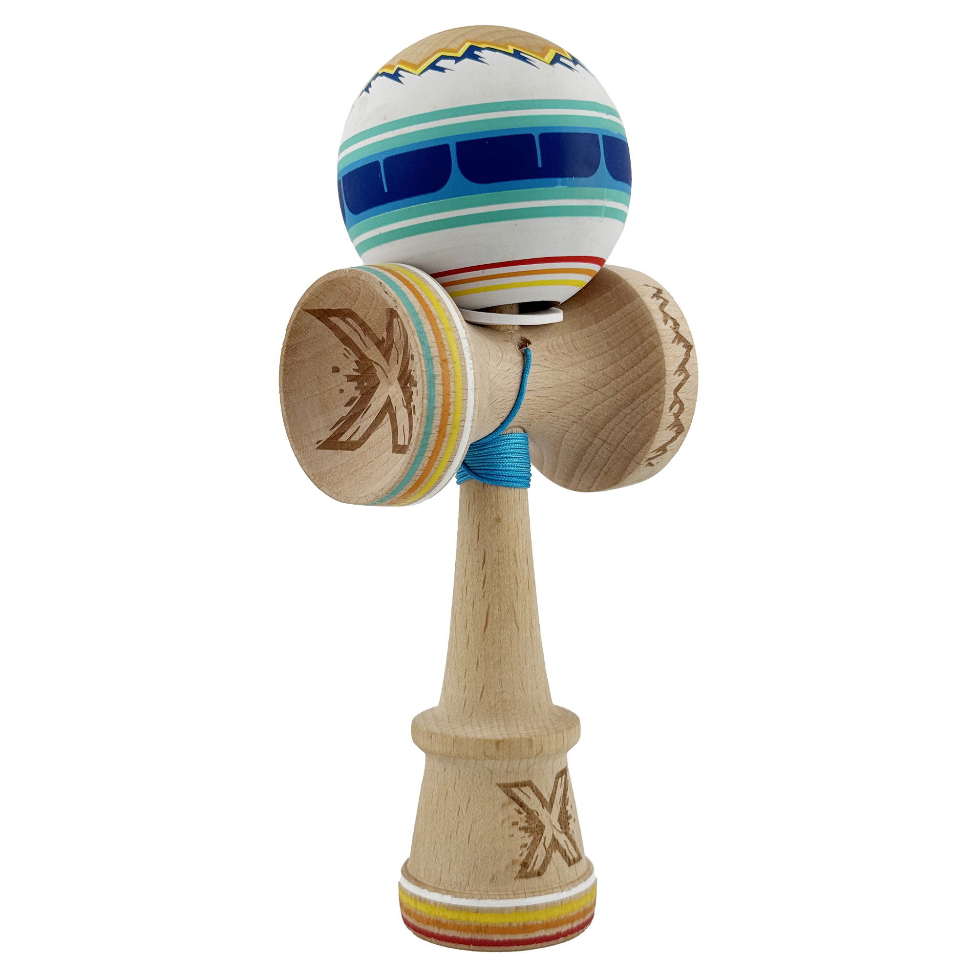 Kendama Super Sticky V3 Cupe Mari - Kendama X Originala, Profesionala, Flippy, MOUNTAINS, Model Anti Skid cu Cupe Mari KING SIZE V3, Gaura in Baza, Rulment Metalic, din lemn 18 cm, Ata 62/65 cm, Albastru Multicolor