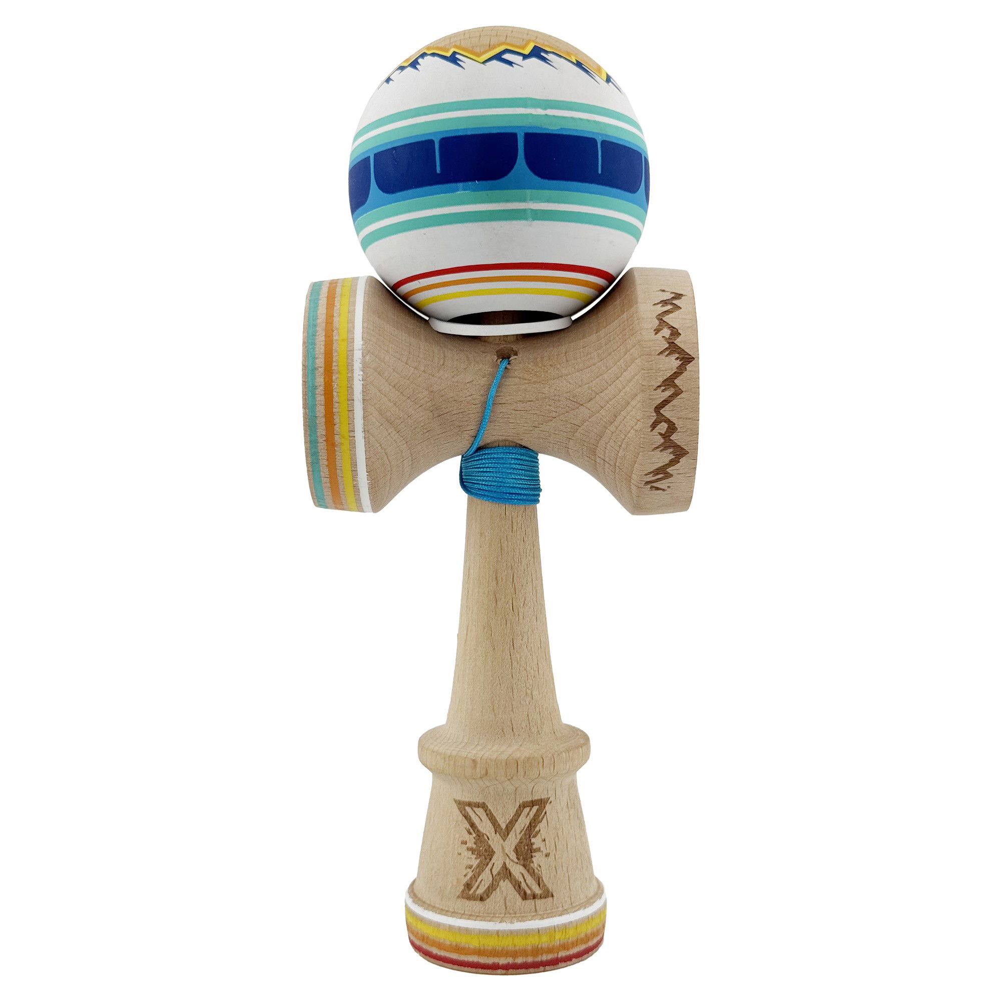 Kendama Super Sticky V3 Cupe Mari - Kendama X Originala, Profesionala, Flippy, MOUNTAINS, Model Anti Skid cu Cupe Mari KING SIZE V3, Gaura in Baza, Rulment Metalic, din lemn 18 cm, Ata 62/65 cm, Albastru Multicolor