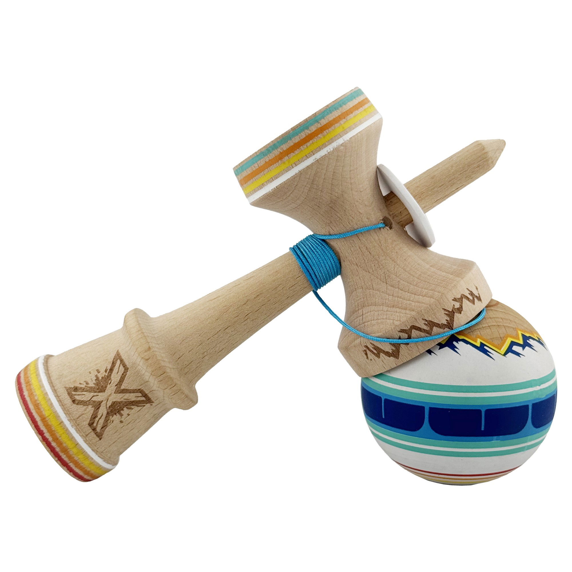 Kendama X Originala, Profesionala, Flippy, MOUNTAINS, Model Anti Skid cu Cupe Mari KING SIZE V3, Gaura in Baza, Rulment Metalic, din lemn 18 cm, Ata 62/65 cm, Albastru Multicolor [5]