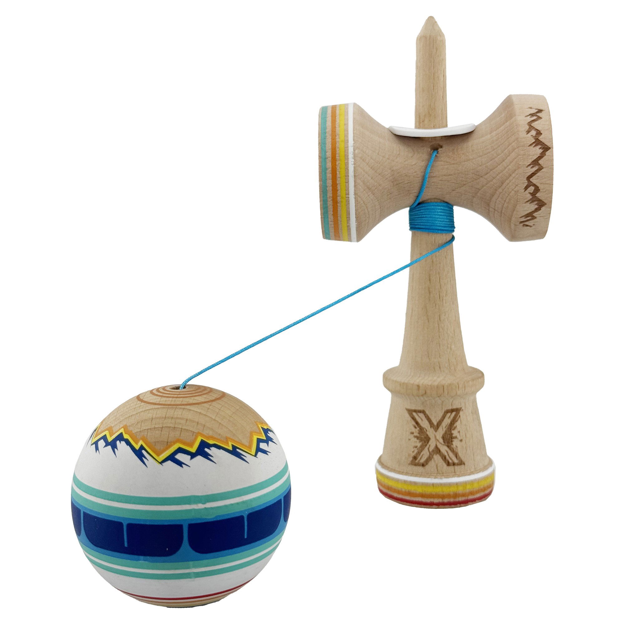 Kendama X Originala, Profesionala, Flippy, MOUNTAINS, Model Anti Skid cu Cupe Mari KING SIZE V3, Gaura in Baza, Rulment Metalic, din lemn 18 cm, Ata 62/65 cm, Albastru Multicolor [4]