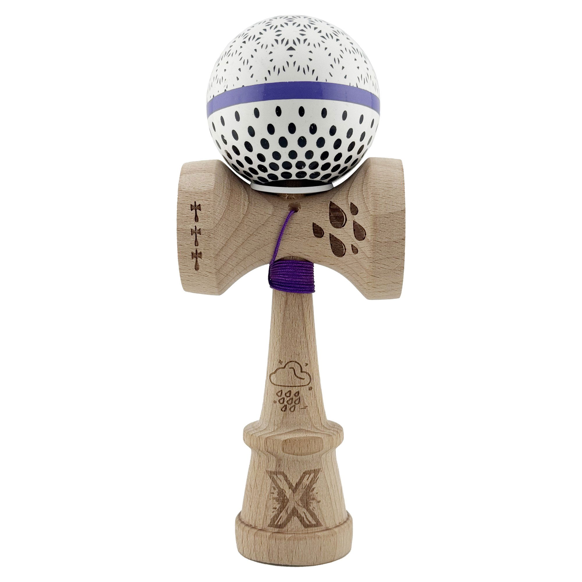 Kendama Super Sticky V3 Cupe Mari - Kendama X Originala, Profesionala, Flippy, RAINDROPS, Super Sticky cu Cupe Mari KING SIZE V3, Gaura in Baza, Rulment Metalic, din lemn 18 cm, Ata 62/65 cm, Alb/Albastru