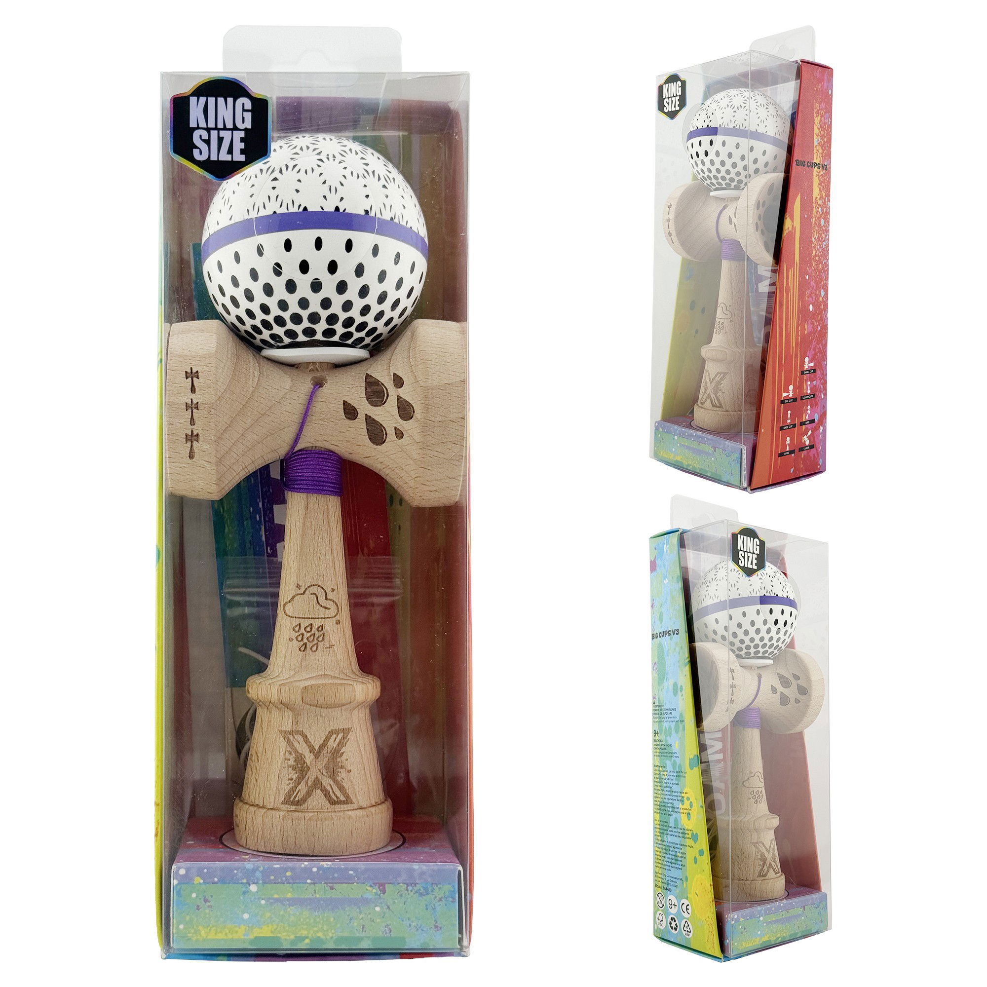 Kendama X Originala, Profesionala, Flippy, RAINDROPS, Super Sticky cu Cupe Mari KING SIZE V3, Gaura in Baza, Rulment Metalic, din lemn 18 cm, Ata 62/65 cm, Alb/Albastru [6]
