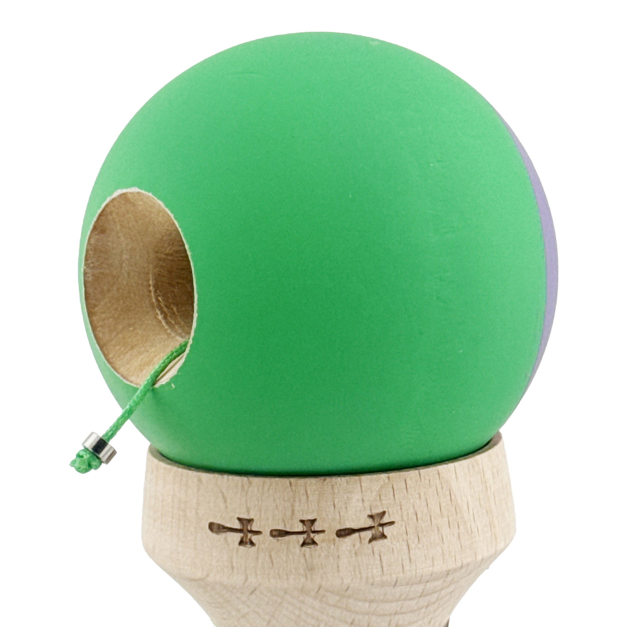 Kendama X Originala, Profesionala, Flippy, Rubber Grip, Cupe Mari KING SIZE V3, Gaura in Baza, Rulment Metalic, din lemn 18 cm, Ata 62/65 cm, Bicolor Mov/Verde [7]