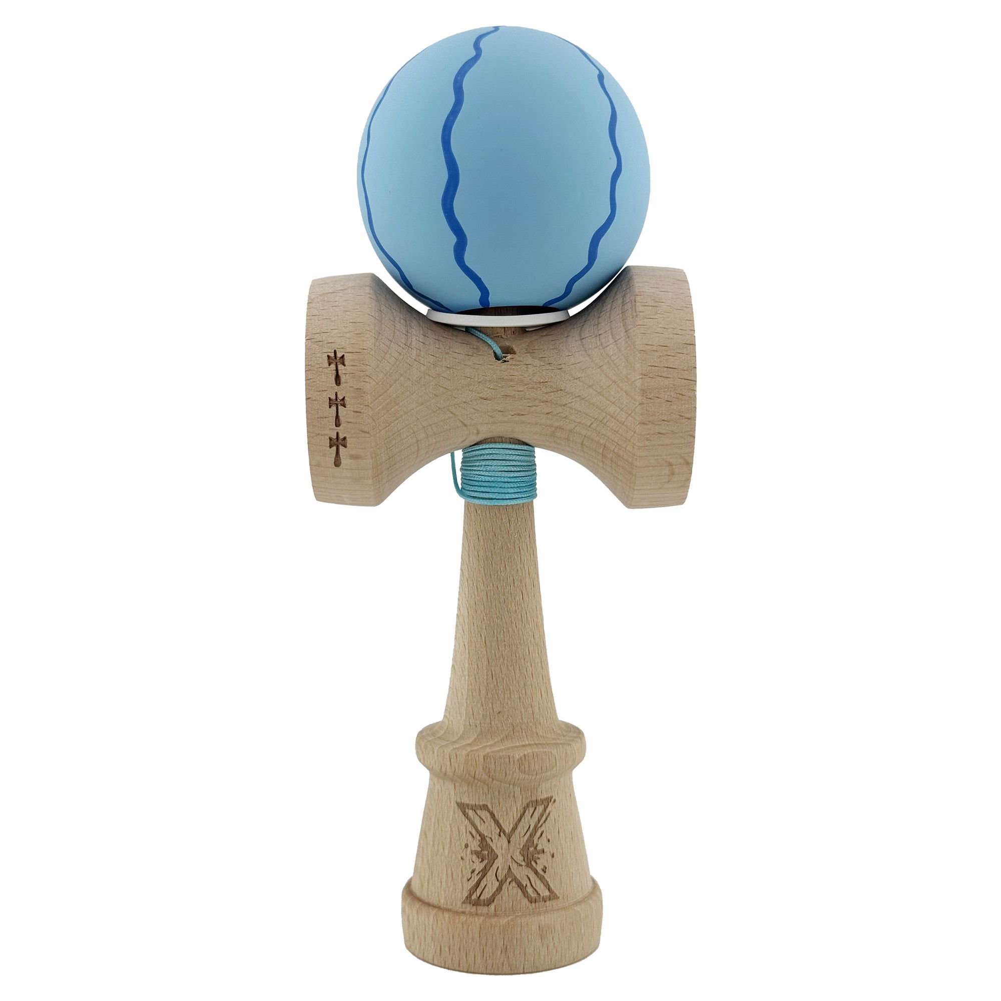 Kendama Rubber Grip V3 Cupe Mari - Kendama X Originala, Profesionala, Flippy, Rubber Grip, Cupe Mari KING SIZE V3, Gaura in Baza, Rulment Metalic, din lemn 18 cm, Ata 62/65 cm, Special Albastru deschis