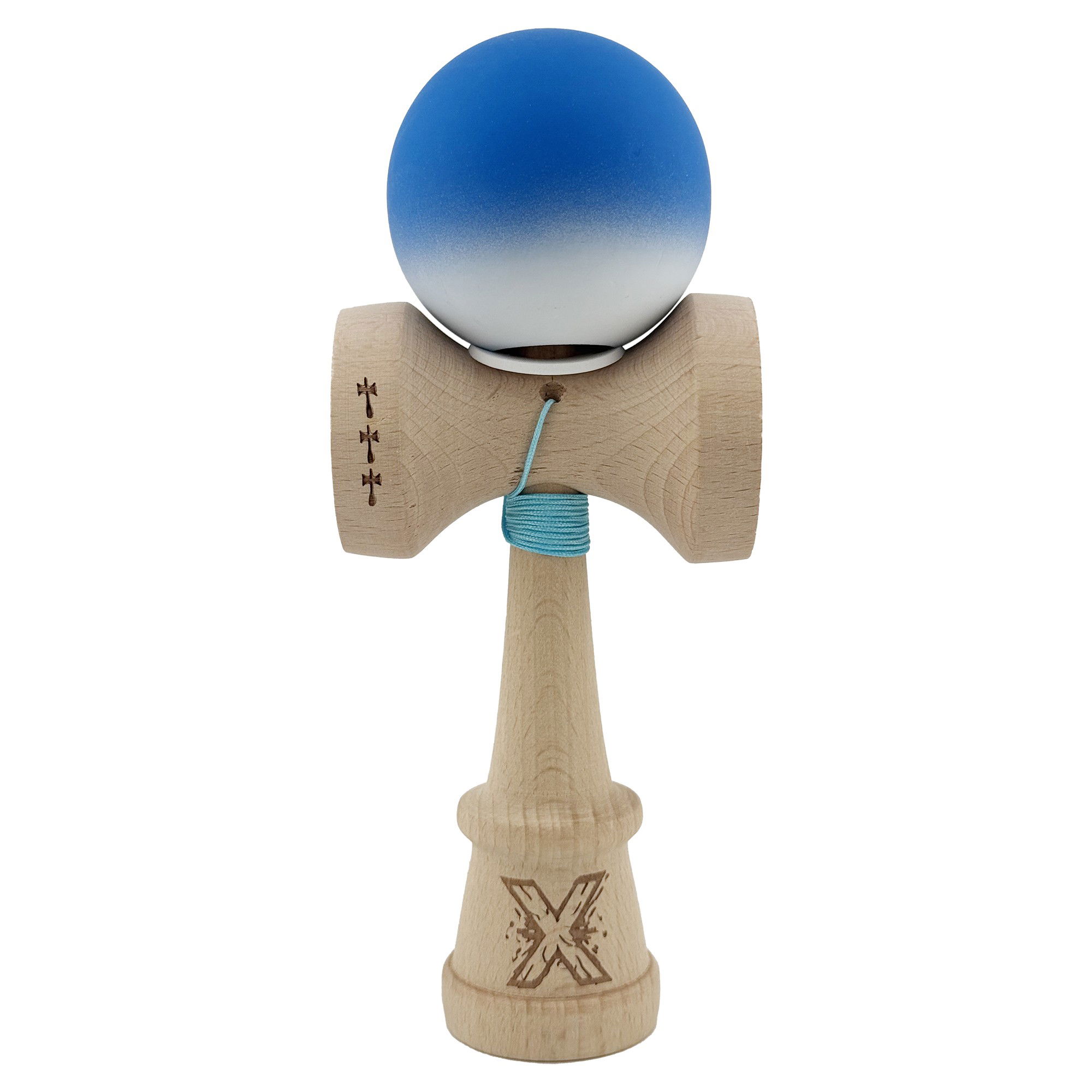 Kendama Rubber Grip V3 Cupe Mari - Kendama X Originala, Profesionala, Flippy, Rubber Grip, Cupe Mari KING SIZE V3, Gaura in Baza, Rulment Metalic, din lemn 18 cm, Ata 62/65 cm, Gradient Albastru/Alb