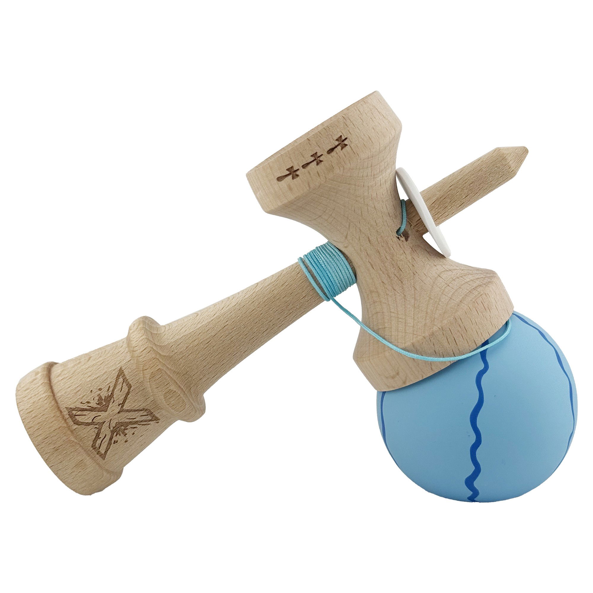 Kendama X Originala, Profesionala, Flippy, Rubber Grip, Cupe Mari KING SIZE V3, Gaura in Baza, Rulment Metalic, din lemn 18 cm, Ata 62/65 cm, Special Albastru deschis [10]