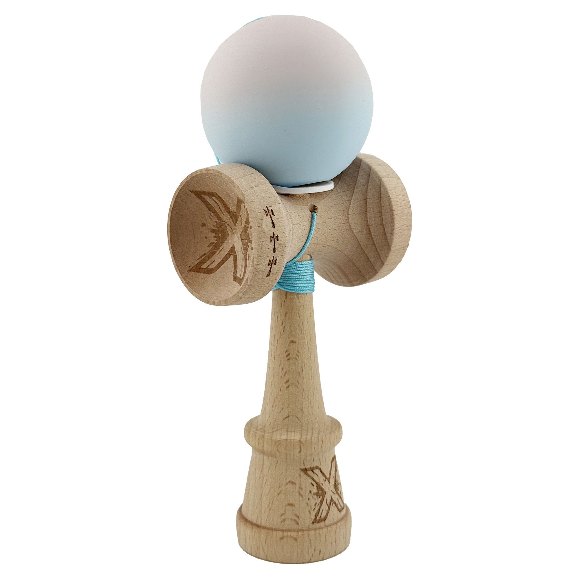 Kendama Rubber Grip V3 Cupe Mari - Kendama X Originala, Profesionala, Flippy, Rubber Grip, Cupe Mari KING SIZE V3, Gaura in Baza, Rulment Metalic, din lemn 18 cm, Ata 62/65 cm, Gradient Lila/Turcoaz
