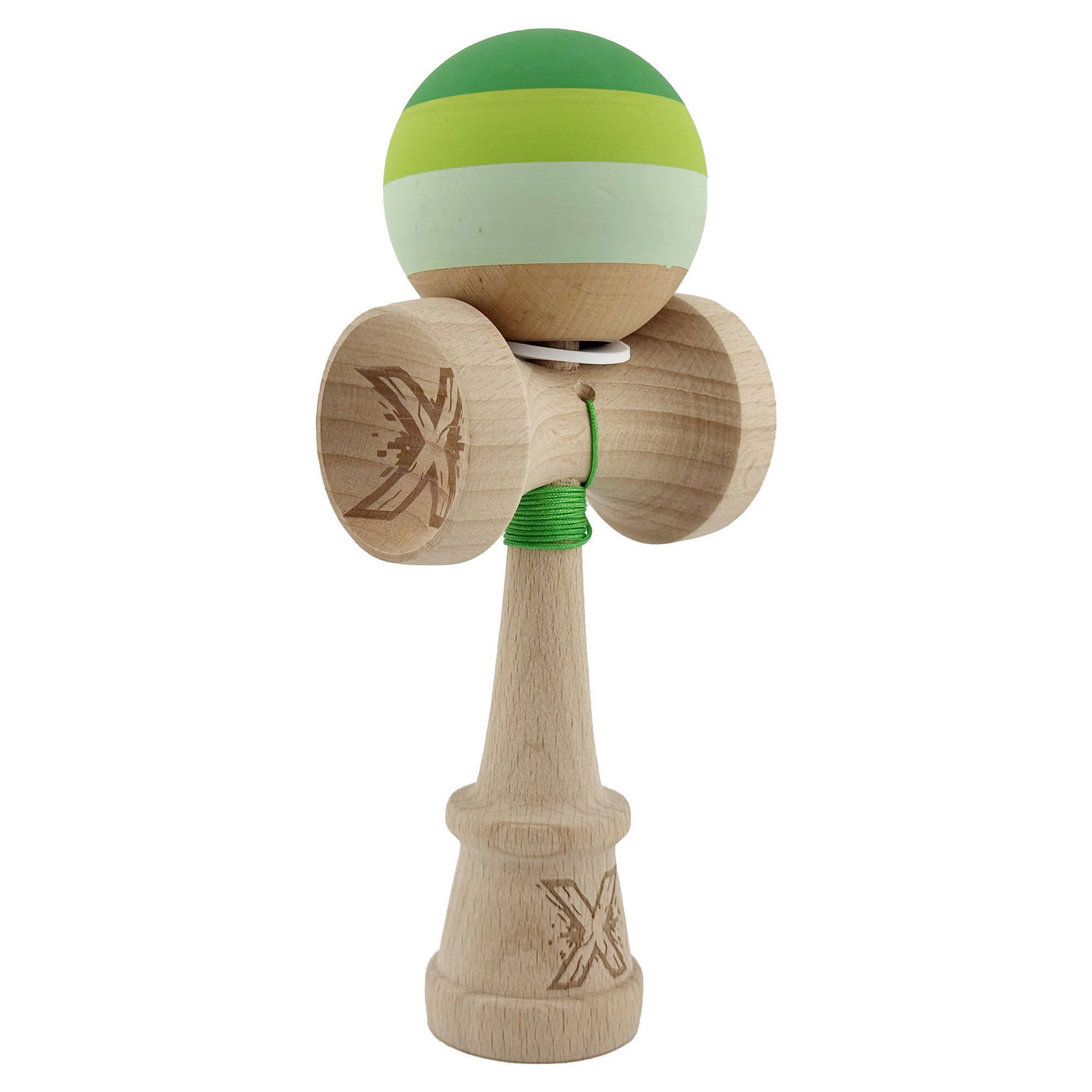 Kendama Rubber Grip V3 Cupe Mari - Kendama X Originala, Profesionala, Flippy, Rubber Grip, Cupe Mari KING SIZE V3, Gaura in Baza, Rulment Metalic, din lemn 18 cm, Ata 62/65 cm, Special Verde degrade