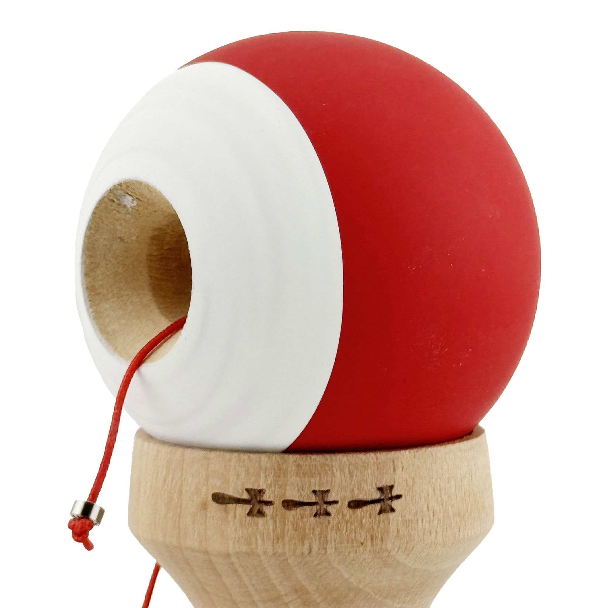 Kendama X Originala, Profesionala, Flippy, Rubber Grip, Cupe Mari KING SIZE V3, Gaura in Baza, Rulment Metalic, din lemn 18 cm, Ata 62/65 cm, Bicolor Rosu/Alb [7]