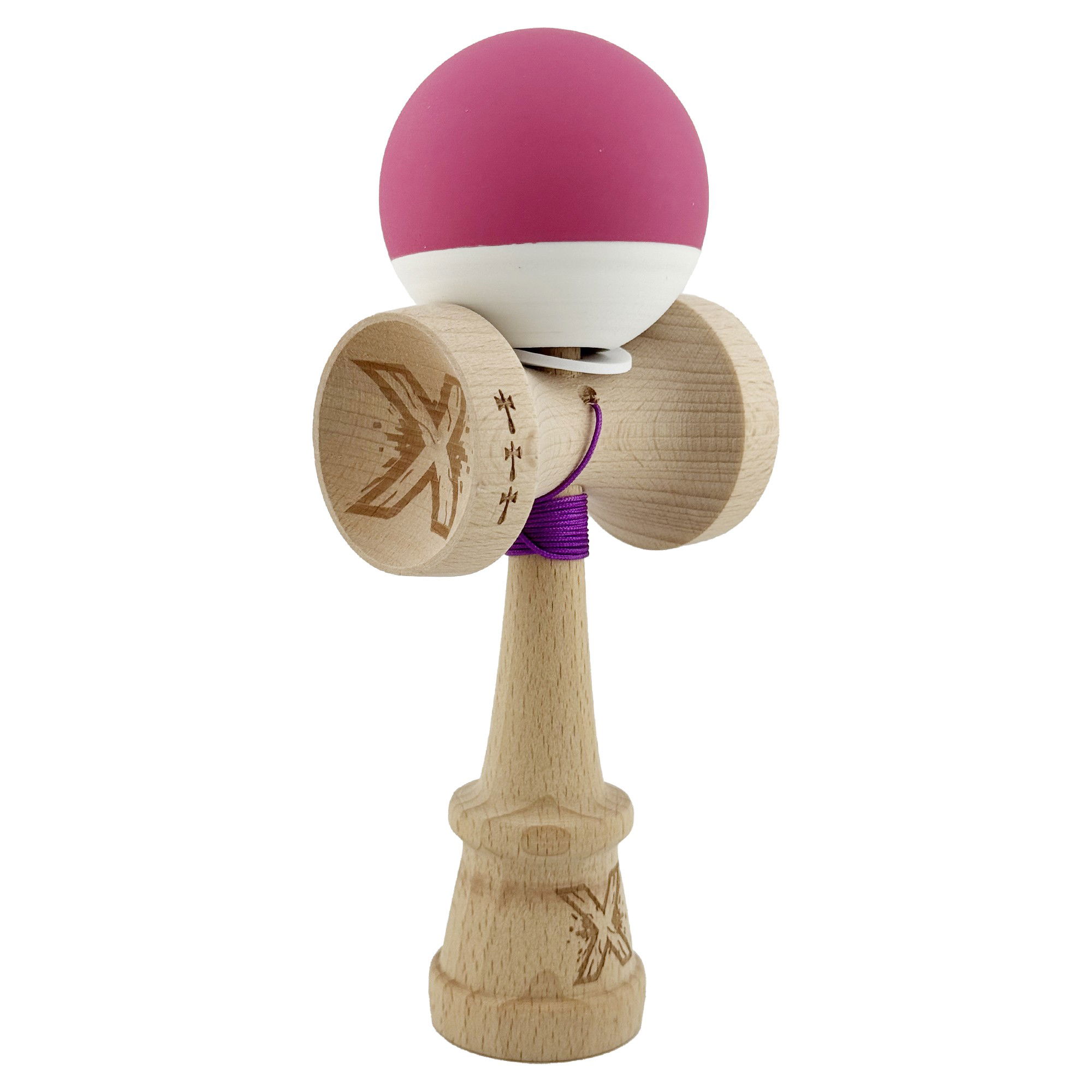 Kendama Rubber Grip V3 Cupe Mari - Kendama X Originala, Profesionala, Flippy, Rubber Grip, Cupe Mari KING SIZE V3, Gaura in Baza, Rulment Metalic, din lemn 18 cm, Ata 62/65 cm, Bicolor Roz inchis/Alb
