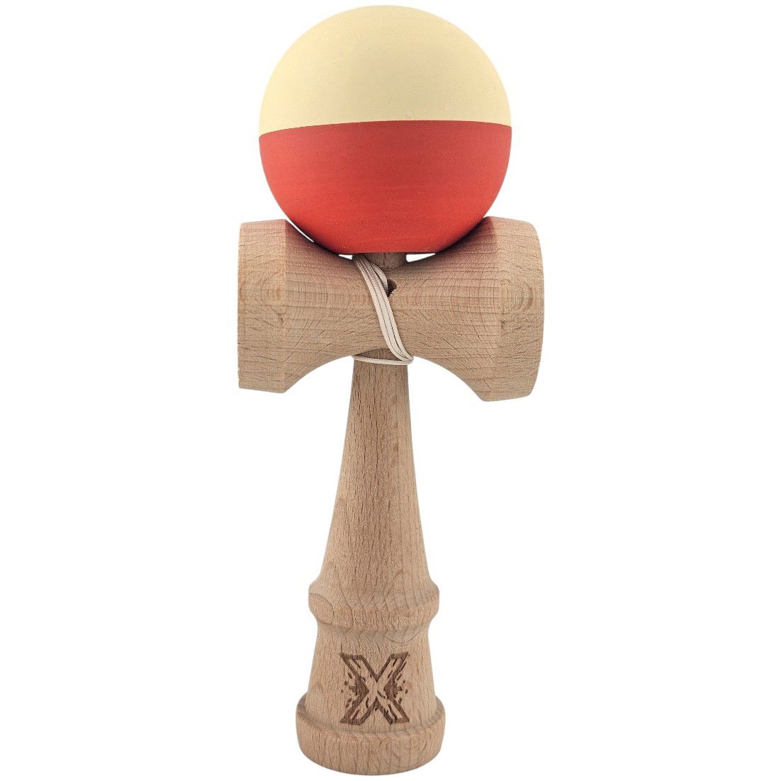 Kendama Rubber Grip - Kendama X Originala, Profesionala, Flippy, Rubber Grip, din Lemn, 18 cm, Galben deschis/Rosu