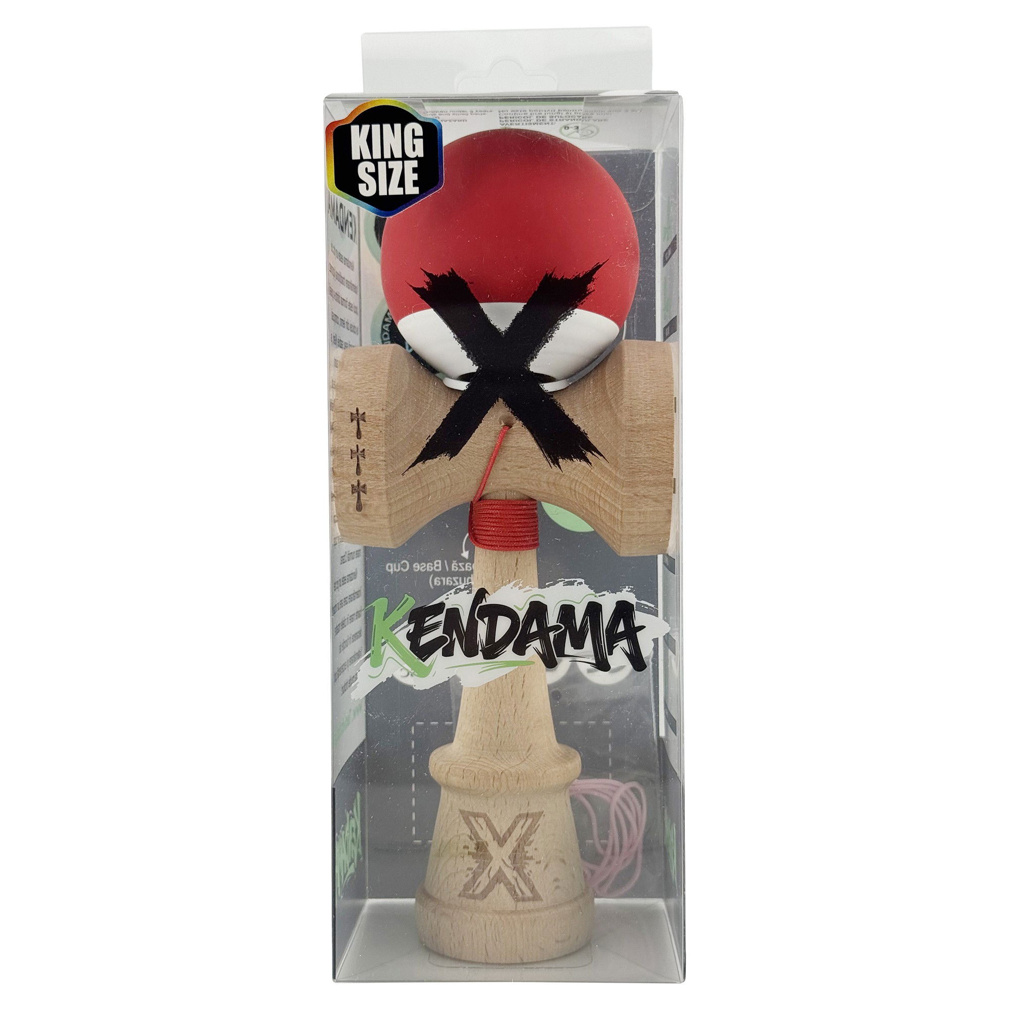 Kendama X Originala, Profesionala, Flippy, Rubber Grip, Cupe Mari KING SIZE V3, Gaura in Baza, Rulment Metalic, din lemn 18 cm, Ata 62/65 cm, Bicolor Rosu/Alb [6]