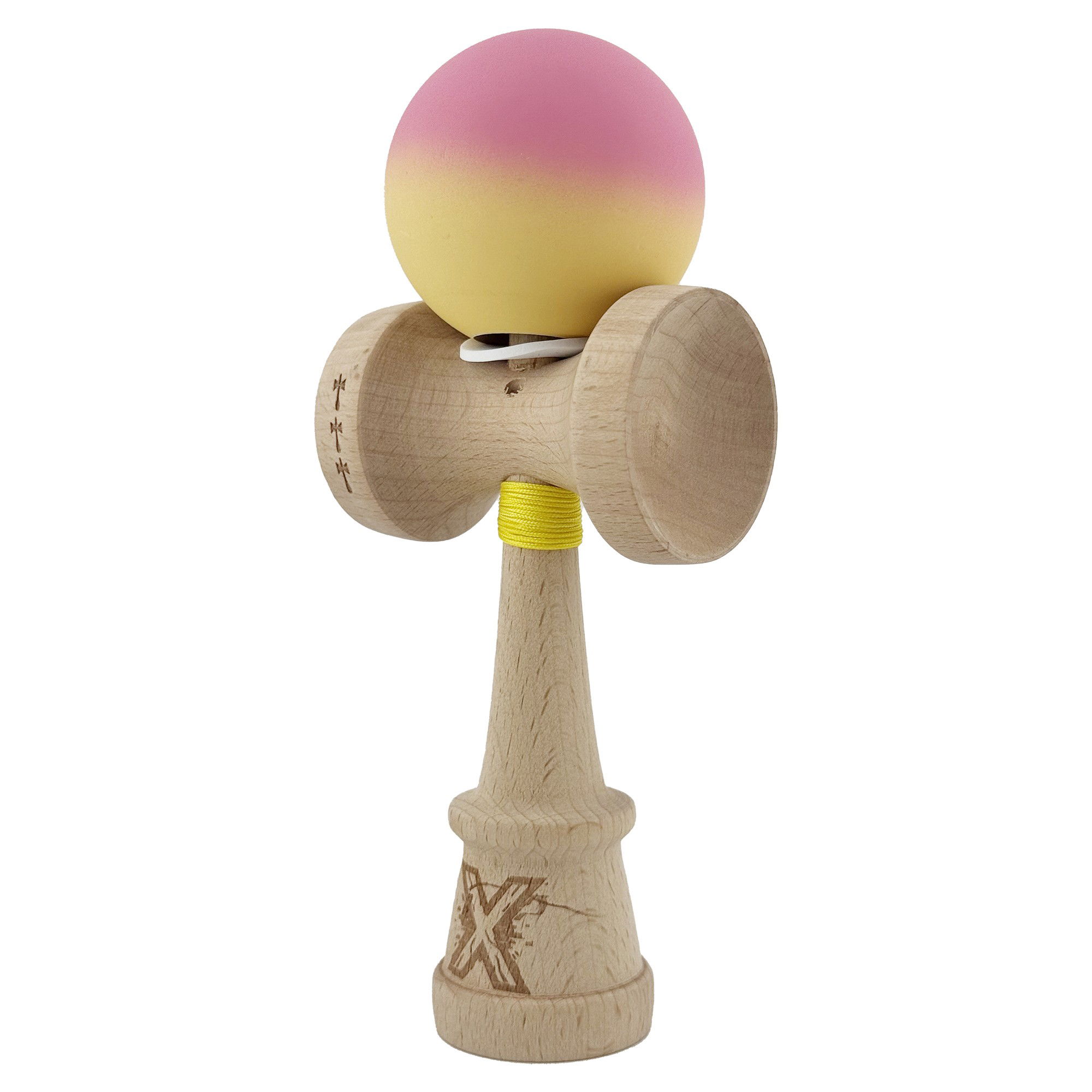 Kendama X Originala, Profesionala, Flippy, Rubber Grip, Cupe Mari KING SIZE V3, Gaura in Baza, Rulment Metalic, din lemn 18 cm, Ata 62/65 cm, Gradient Roz/Galben [3]