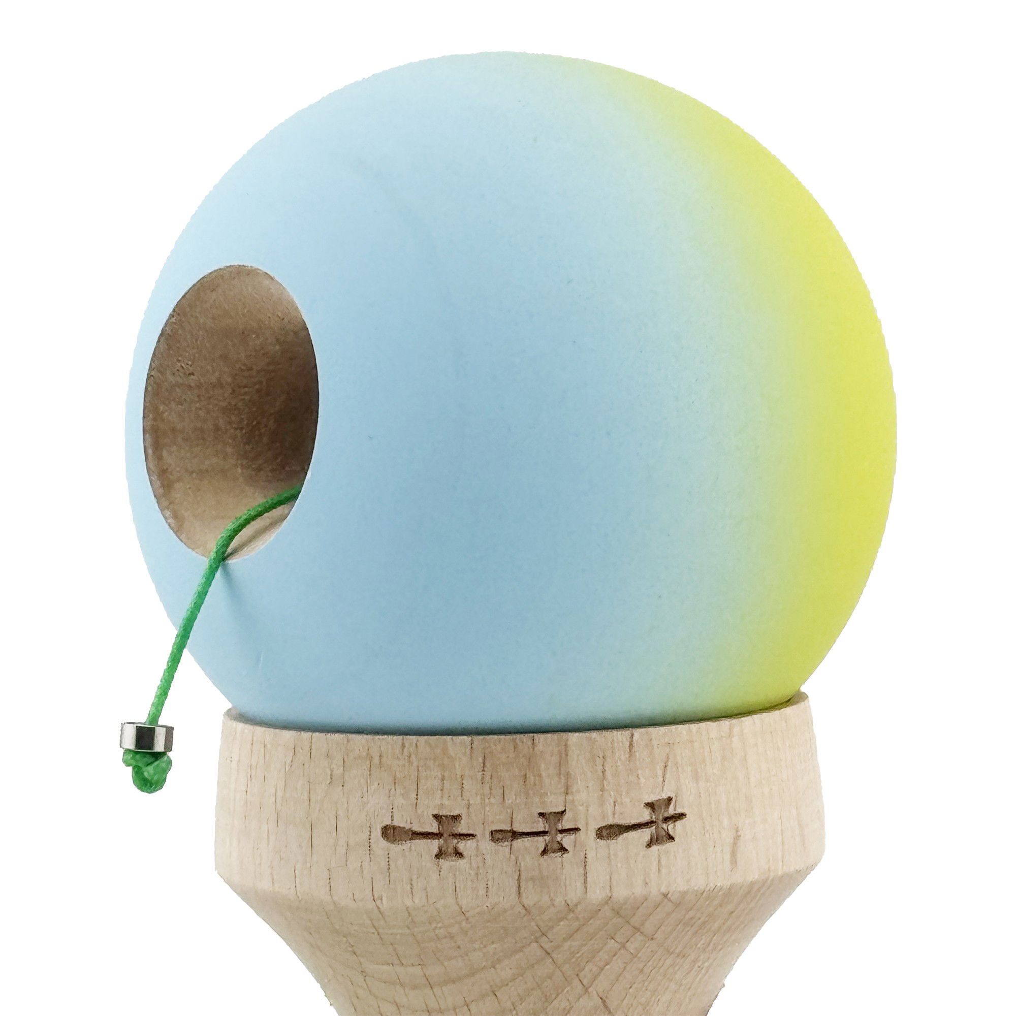 Kendama X Originala, Profesionala, Flippy, Rubber Grip, Cupe Mari KING SIZE V3, Gaura in Baza, Rulment Metalic, din lemn 18 cm, Ata 62/65 cm, Gradient Galben/Albastru [7]