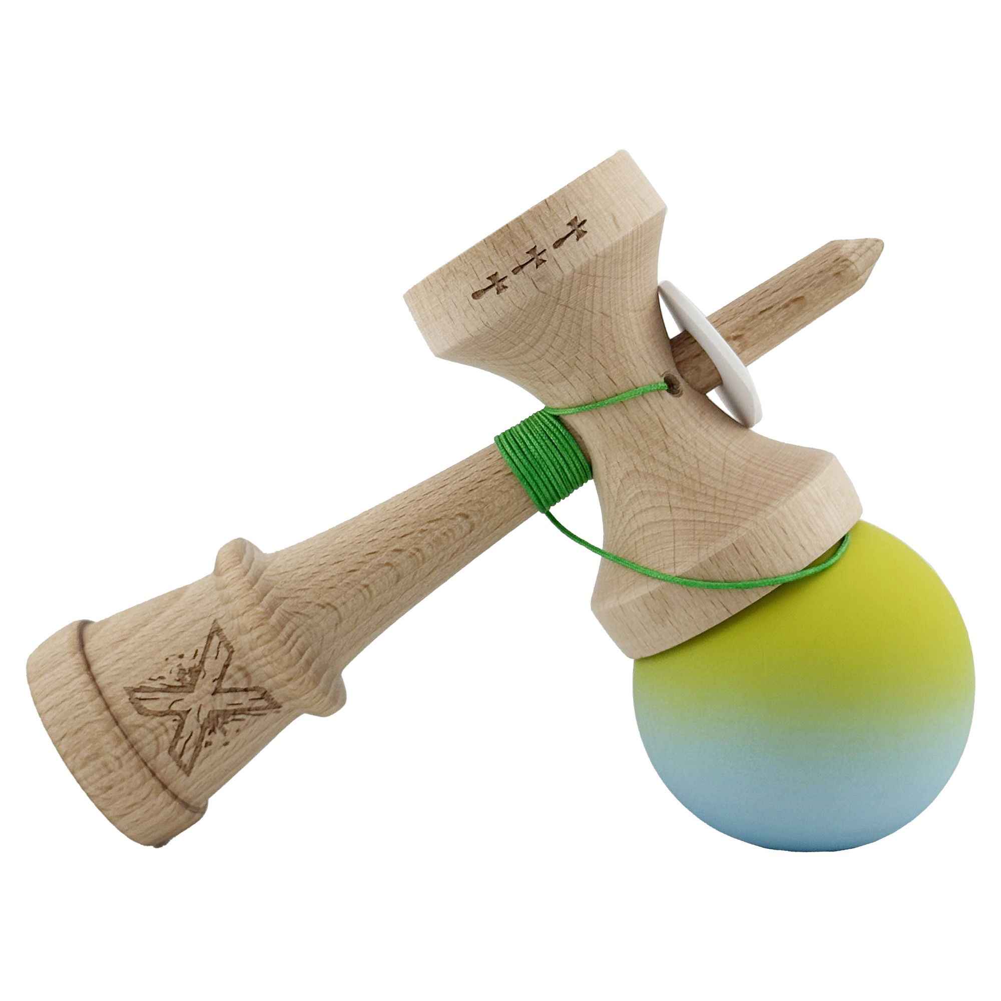 Kendama X Originala, Profesionala, Flippy, Rubber Grip, Cupe Mari KING SIZE V3, Gaura in Baza, Rulment Metalic, din lemn 18 cm, Ata 62/65 cm, Gradient Galben/Albastru [5]