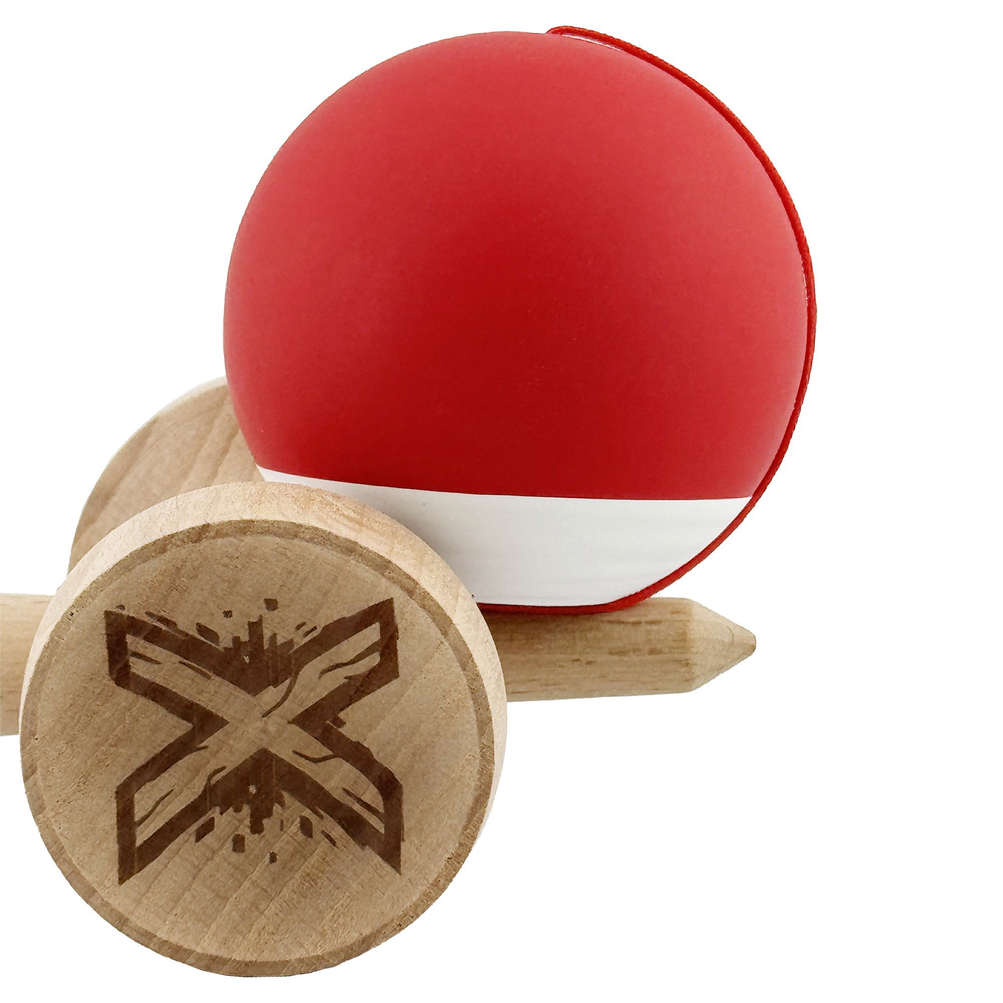 Kendama X Originala, Profesionala, Flippy, Rubber Grip, Cupe Mari KING SIZE V3, Gaura in Baza, Rulment Metalic, din lemn 18 cm, Ata 62/65 cm, Bicolor Rosu/Alb [9]