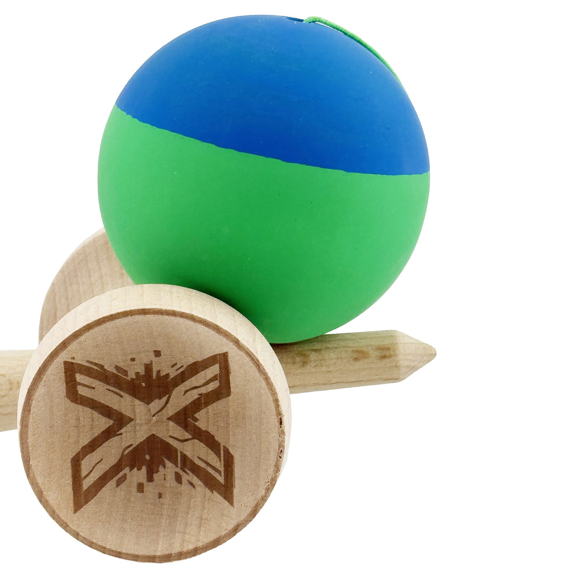 Kendama X Originala, Profesionala, Flippy, Rubber Grip, Cupe Mari KING SIZE V3, Gaura in Baza, Rulment Metalic, din lemn 18 cm, Ata 62/65 cm, Bicolor Albastru/Verde [9]