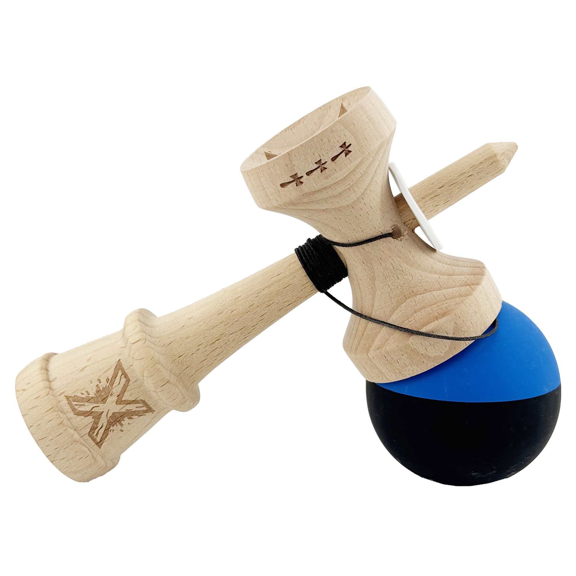 Kendama X Originala, Profesionala, Flippy, Rubber Grip, Cupe Mari KING SIZE V3, Gaura in Baza, Rulment Metalic, din lemn 18 cm, Ata 62/65 cm, Bicolor Albastru/Negru [5]
