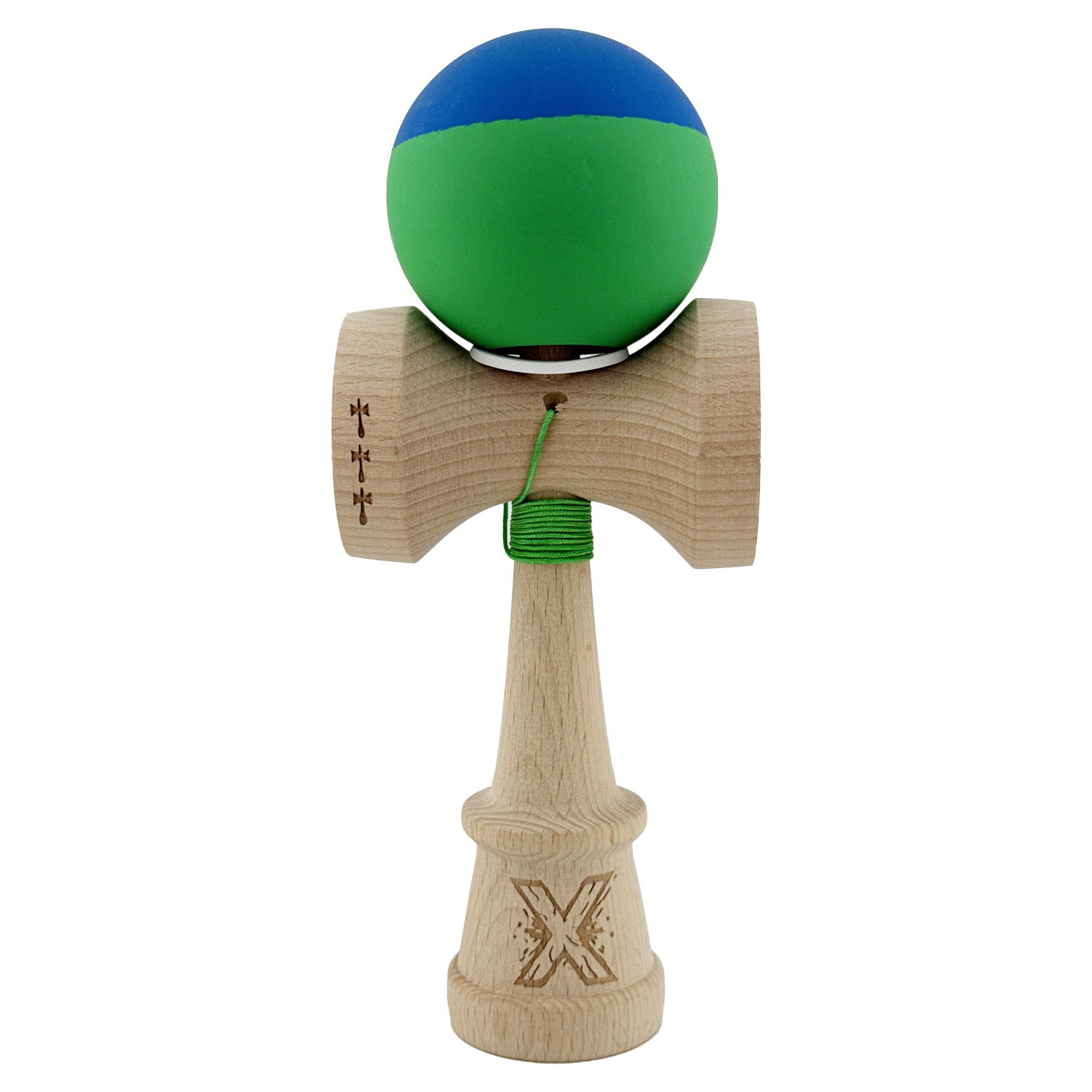 Kendama Rubber Grip V3 Cupe Mari - Kendama X Originala, Profesionala, Flippy, Rubber Grip, Cupe Mari KING SIZE V3, Gaura in Baza, Rulment Metalic, din lemn 18 cm, Ata 62/65 cm, Bicolor Albastru/Verde