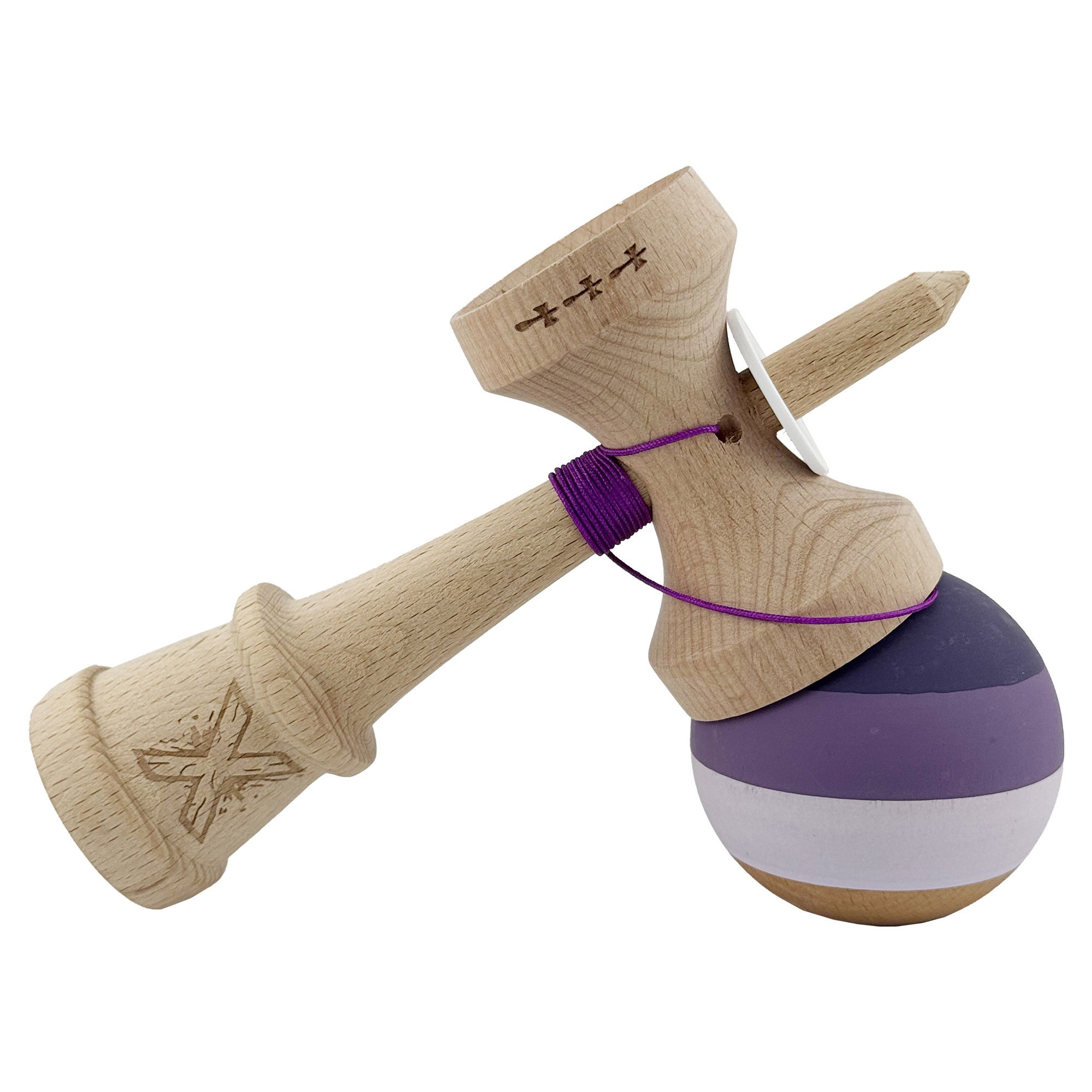 Kendama X Originala, Profesionala, Flippy, Rubber Grip, Cupe Mari KING SIZE V3, Gaura in Baza, Rulment Metalic, din lemn 18 cm, Ata 62/65 cm, Special Purpuriu/Mov/Lila [5]
