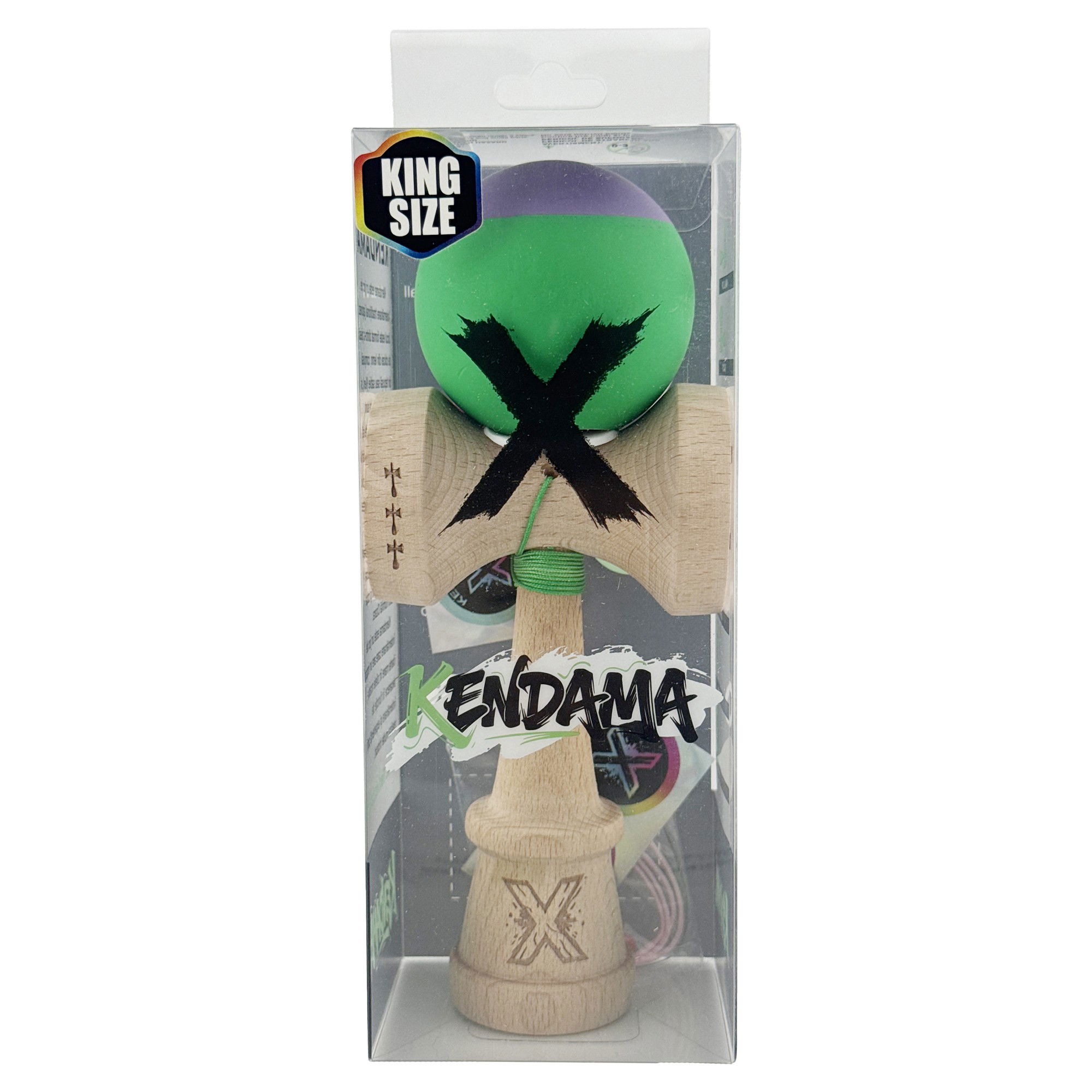 Kendama X Originala, Profesionala, Flippy, Rubber Grip, Cupe Mari KING SIZE V3, Gaura in Baza, Rulment Metalic, din lemn 18 cm, Ata 62/65 cm, Bicolor Mov/Verde [6]