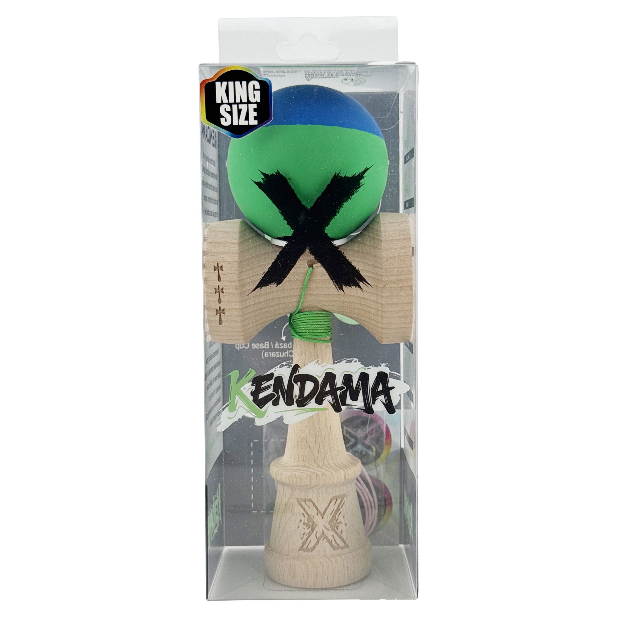 Kendama X Originala, Profesionala, Flippy, Rubber Grip, Cupe Mari KING SIZE V3, Gaura in Baza, Rulment Metalic, din lemn 18 cm, Ata 62/65 cm, Bicolor Albastru/Verde [6]