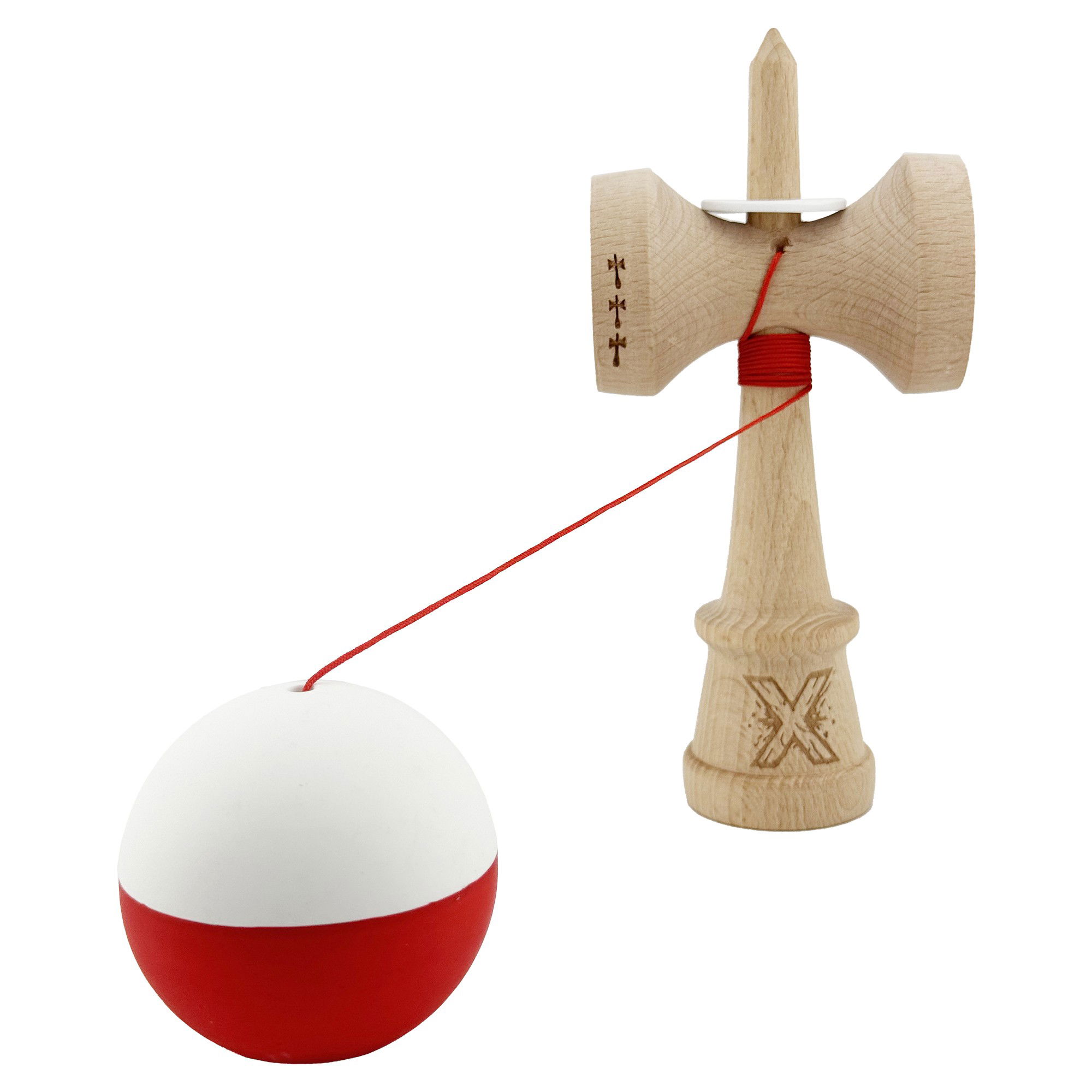 Kendama X Originala, Profesionala, Flippy, Rubber Grip, Cupe Mari KING SIZE V3, Gaura in Baza, Rulment Metalic, din lemn 18 cm, Ata 62/65 cm, Bicolor Alb/Rosu [4]