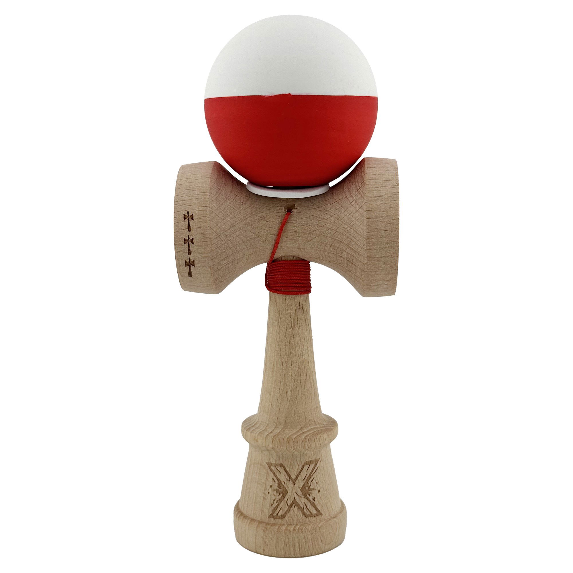 Kendama Rubber Grip V3 Cupe Mari - Kendama X Originala, Profesionala, Flippy, Rubber Grip, Cupe Mari KING SIZE V3, Gaura in Baza, Rulment Metalic, din lemn 18 cm, Ata 62/65 cm, Bicolor Alb/Rosu