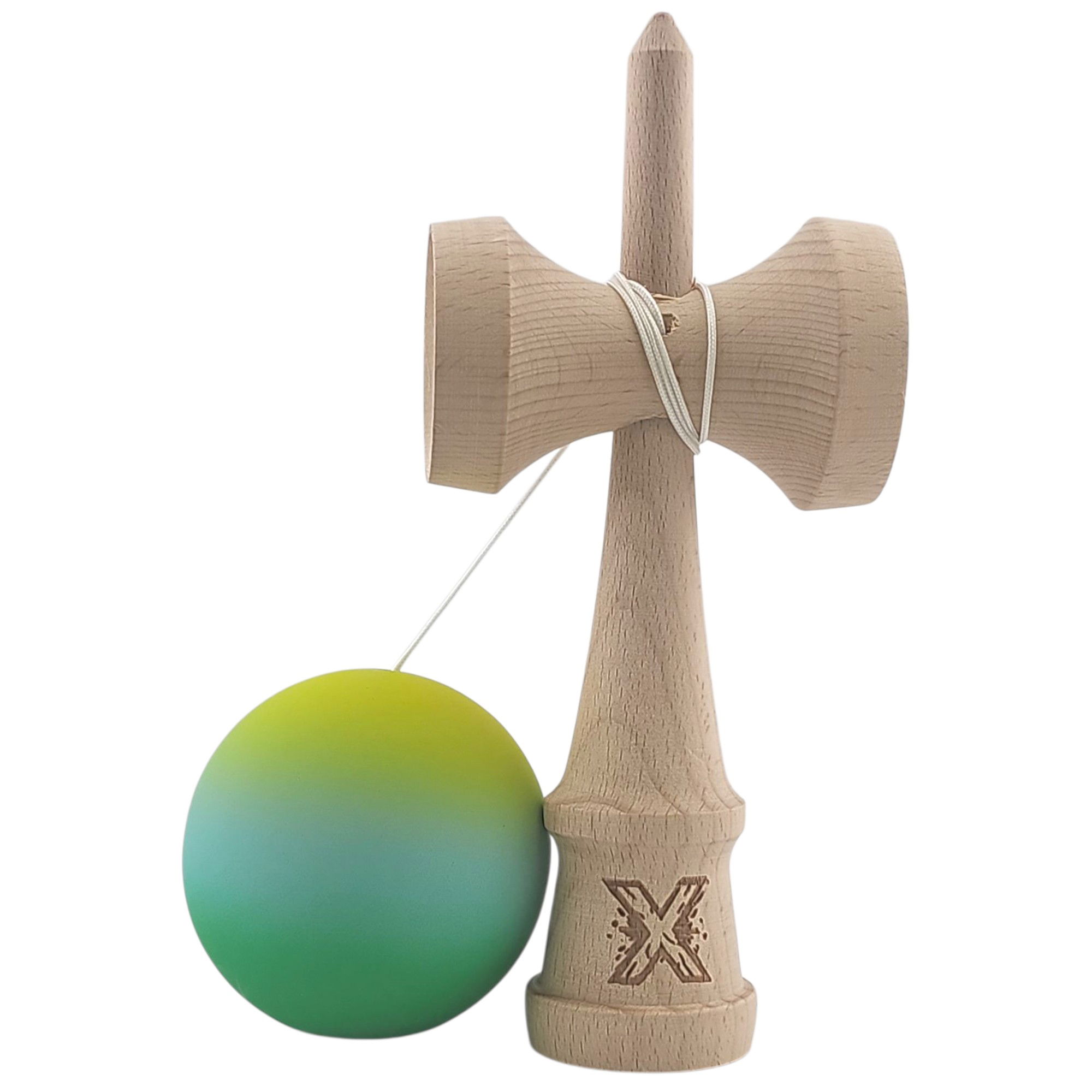 Kendama Rubber Grip - Kendama X Originala, Profesionala, Flippy, Rubber Grip, din Lemn, 18 cm, Galben/Albastru/Verde