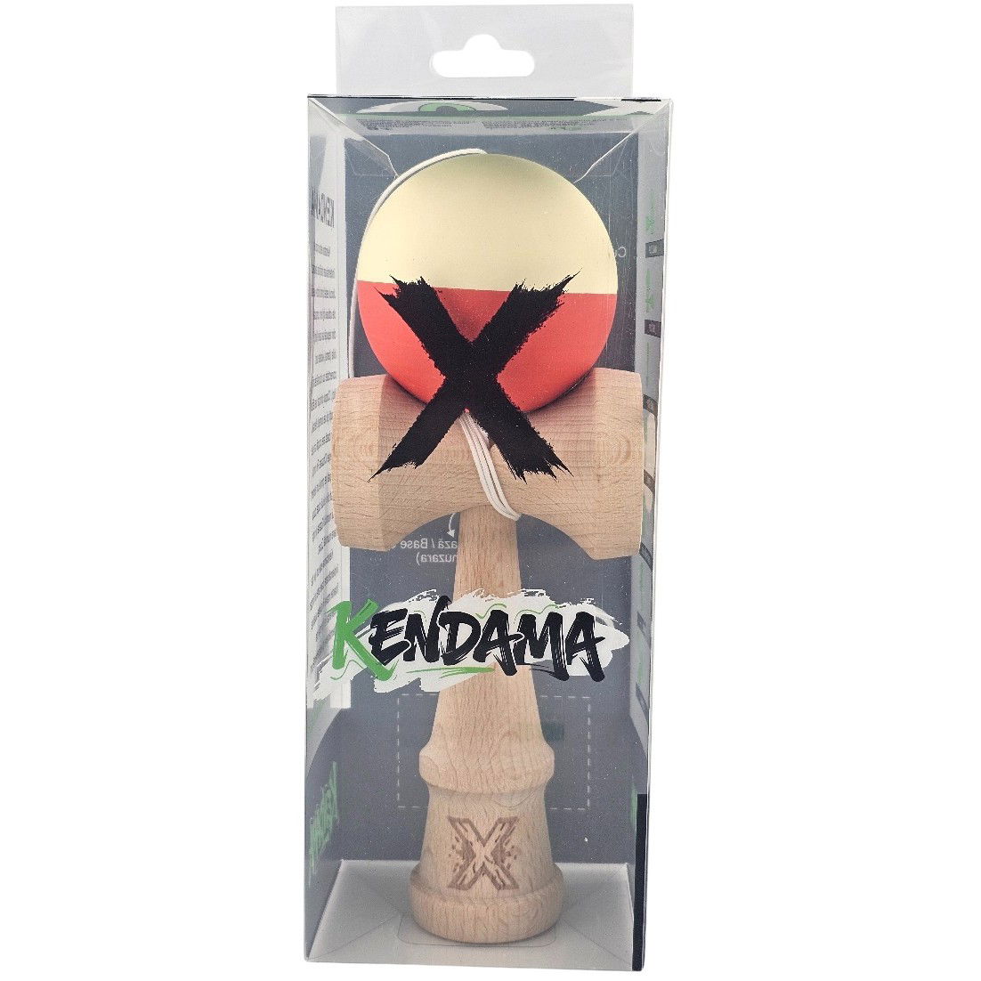 Kendama Rubber Grip - Kendama X Originala, Profesionala, Flippy, Rubber Grip, din Lemn, 18 cm, Galben deschis/Rosu