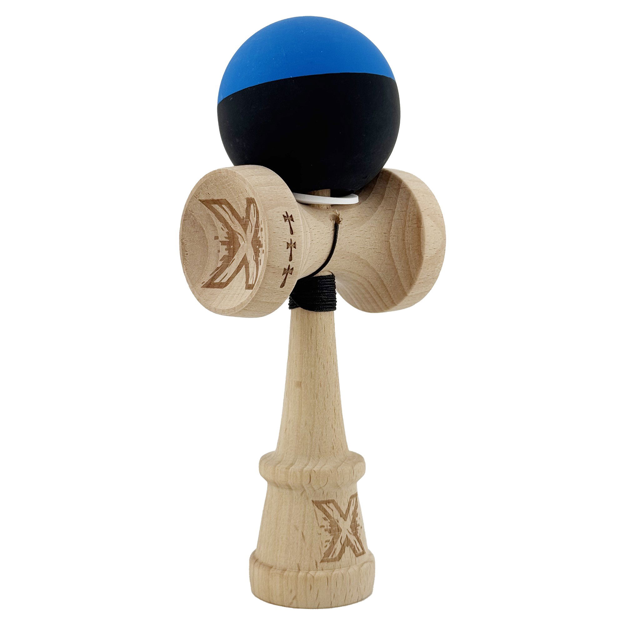 Kendama Rubber Grip V3 Cupe Mari - Kendama X Originala, Profesionala, Flippy, Rubber Grip, Cupe Mari KING SIZE V3, Gaura in Baza, Rulment Metalic, din lemn 18 cm, Ata 62/65 cm, Bicolor Albastru/Negru