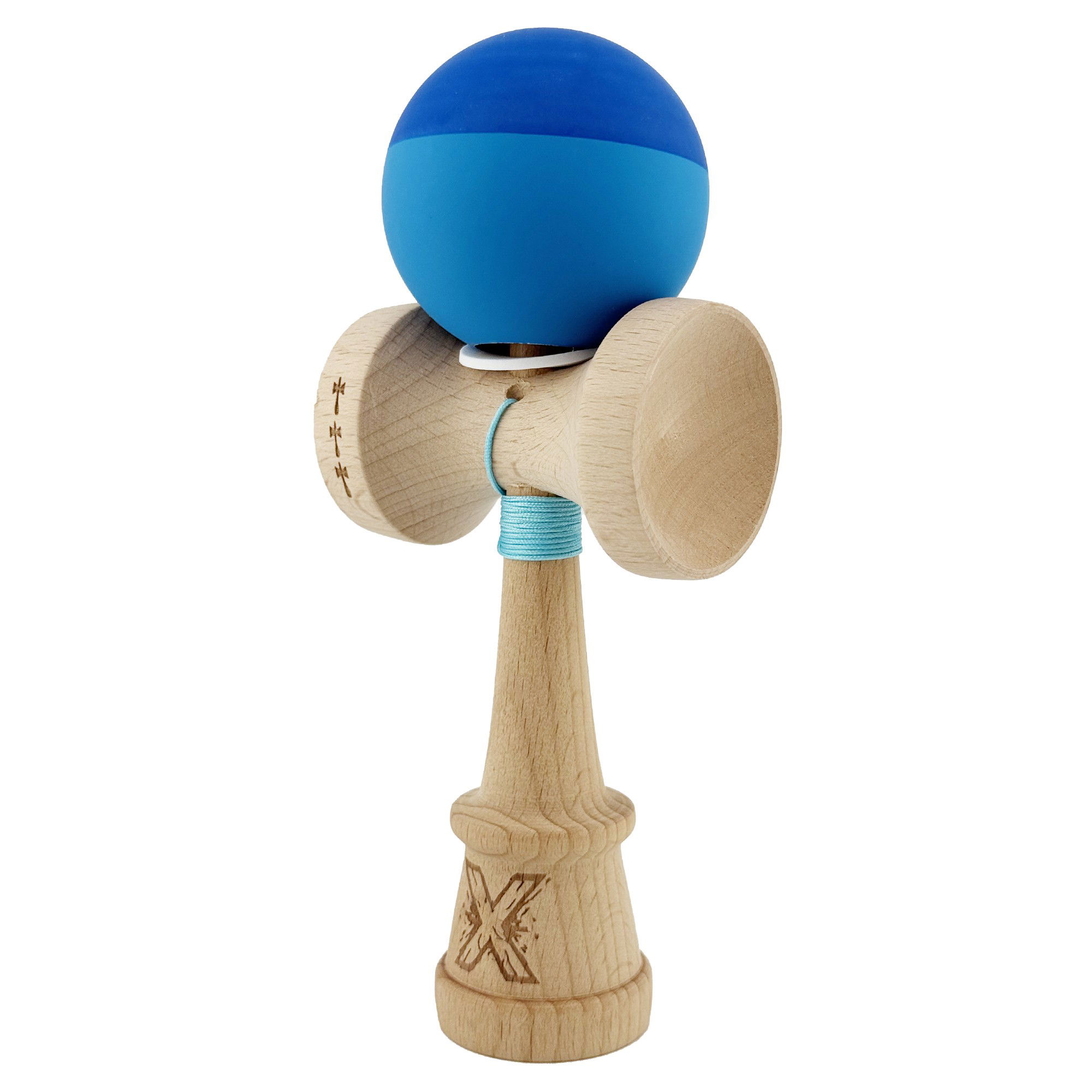 Kendama X Originala, Profesionala, Flippy, Rubber Grip, Cupe Mari KING SIZE V3, Gaura in Baza, Rulment Metalic, din lemn 18 cm, Ata 62/65 cm, Bicolor Albastru/Albastru deschis [3]