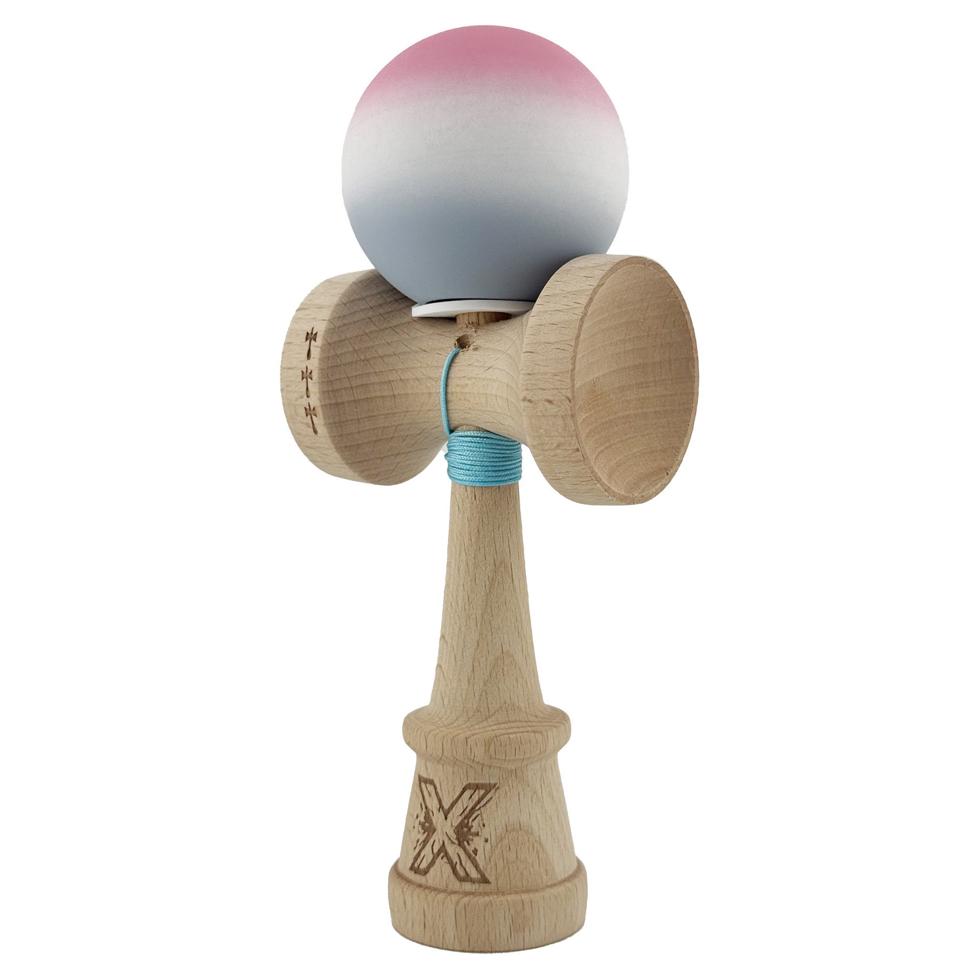 Kendama X Originala, Profesionala, Flippy, Rubber Grip, Cupe Mari KING SIZE V3, Gaura in Baza, Rulment Metalic, din lemn 18 cm, Ata 62/65 cm, Gradient Roz/Alb/Gri [3]