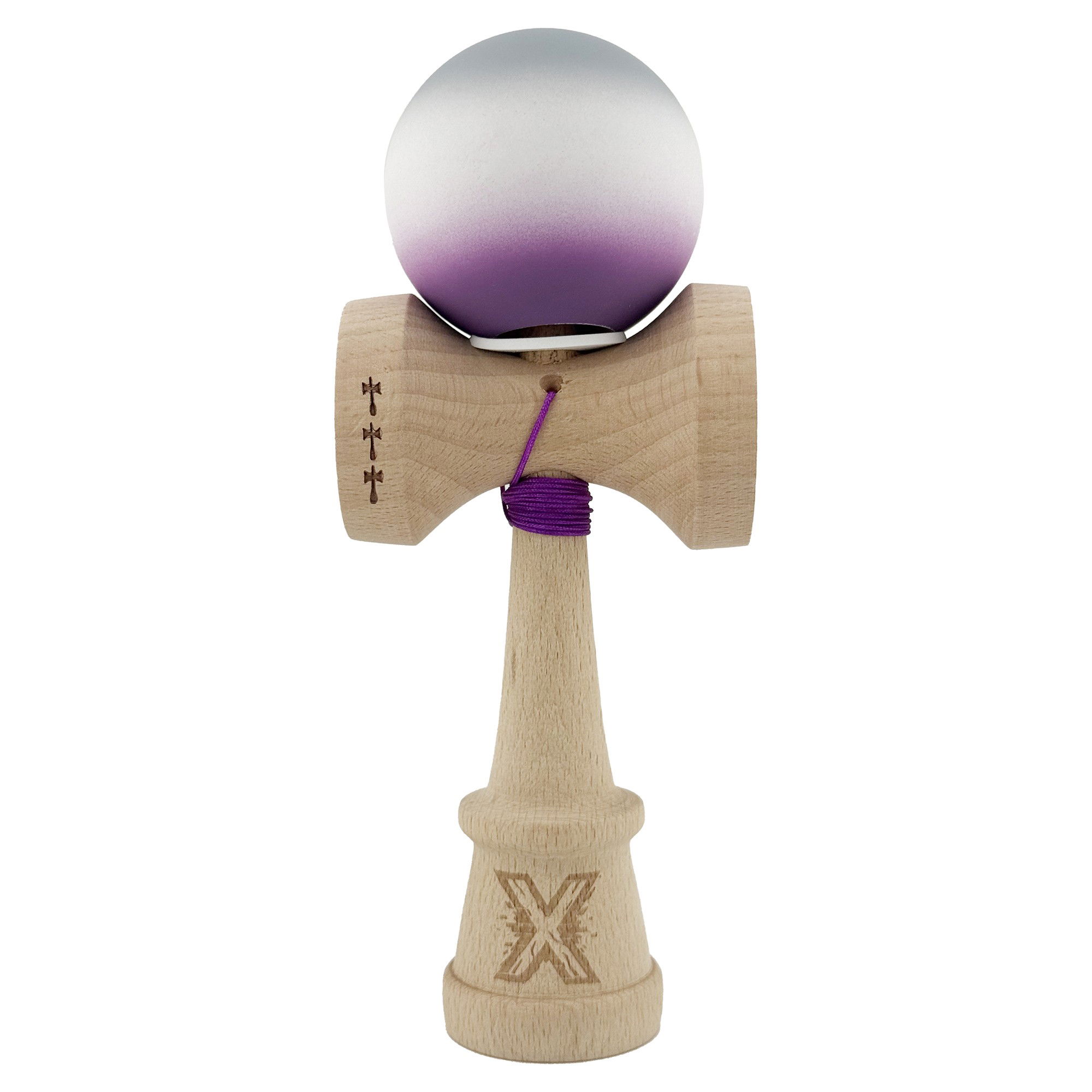 Kendama Rubber Grip V3 Cupe Mari - Kendama X Originala, Profesionala, Flippy, Rubber Grip, Cupe Mari KING SIZE V3, Gaura in Baza, Rulment Metalic, din lemn 18 cm, Ata 62/65 cm, Gradient Gri/Alb/Mov