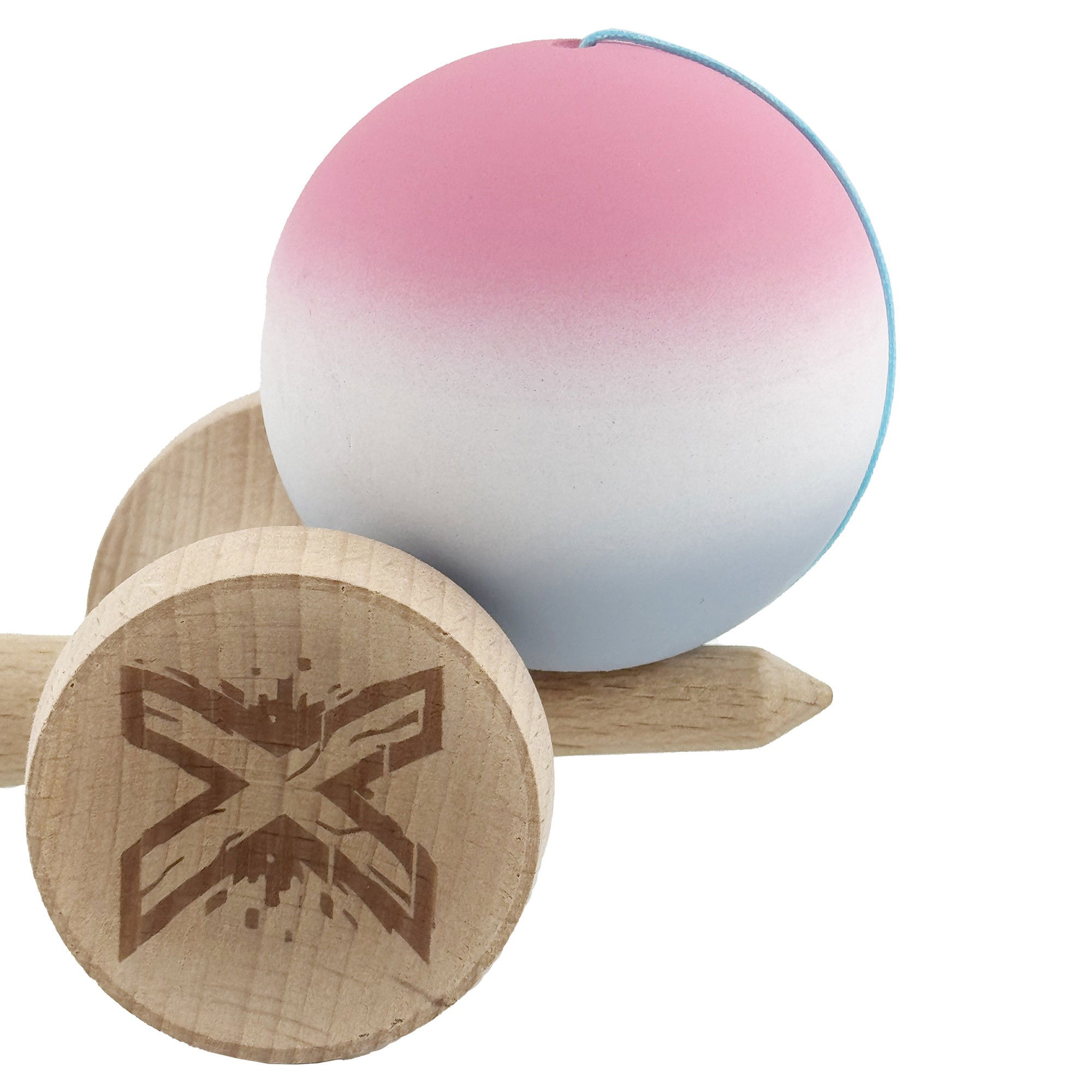 Kendama X Originala, Profesionala, Flippy, Rubber Grip, Cupe Mari KING SIZE V3, Gaura in Baza, Rulment Metalic, din lemn 18 cm, Ata 62/65 cm, Gradient Roz/Alb/Gri [8]