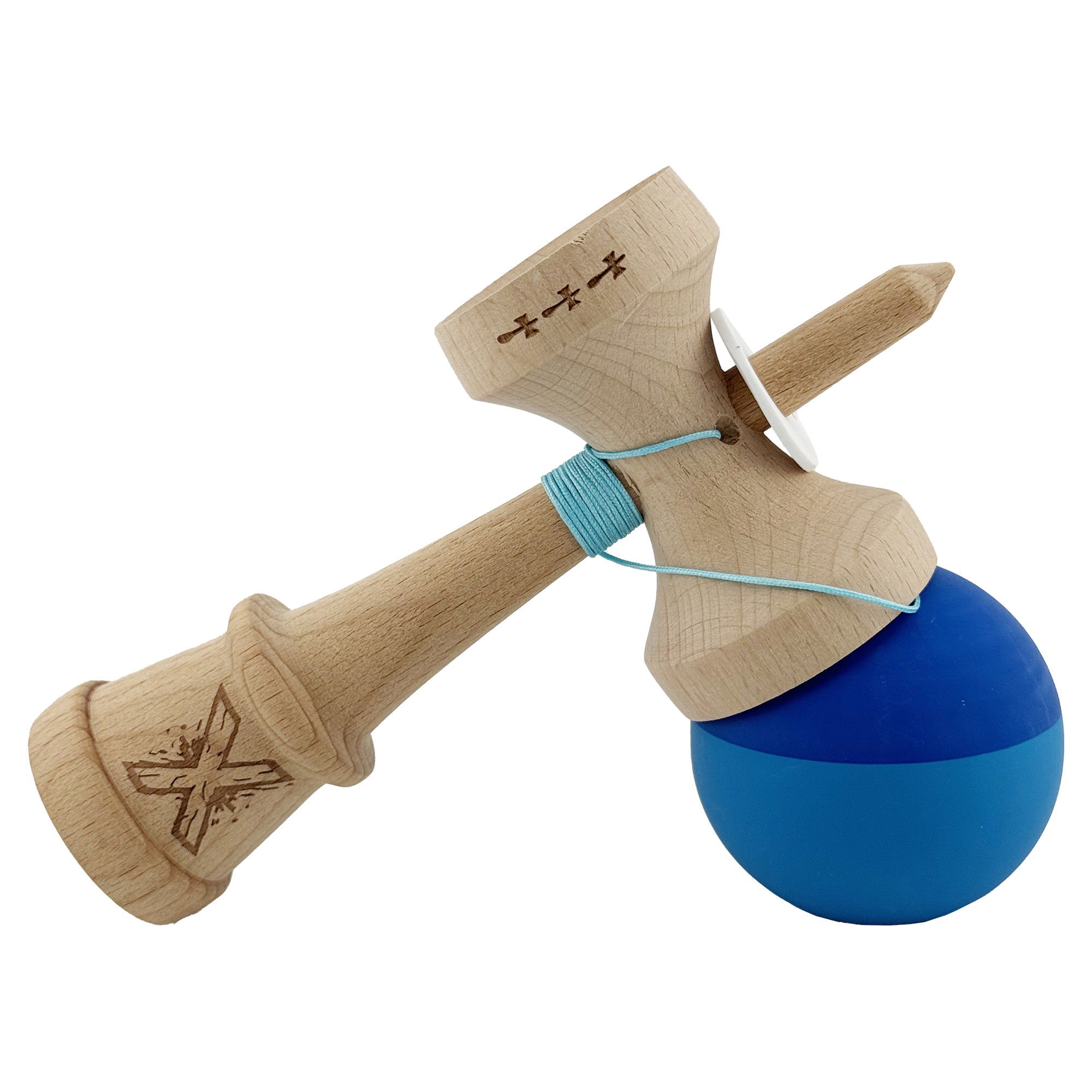 Kendama X Originala, Profesionala, Flippy, Rubber Grip, Cupe Mari KING SIZE V3, Gaura in Baza, Rulment Metalic, din lemn 18 cm, Ata 62/65 cm, Bicolor Albastru/Albastru deschis [5]