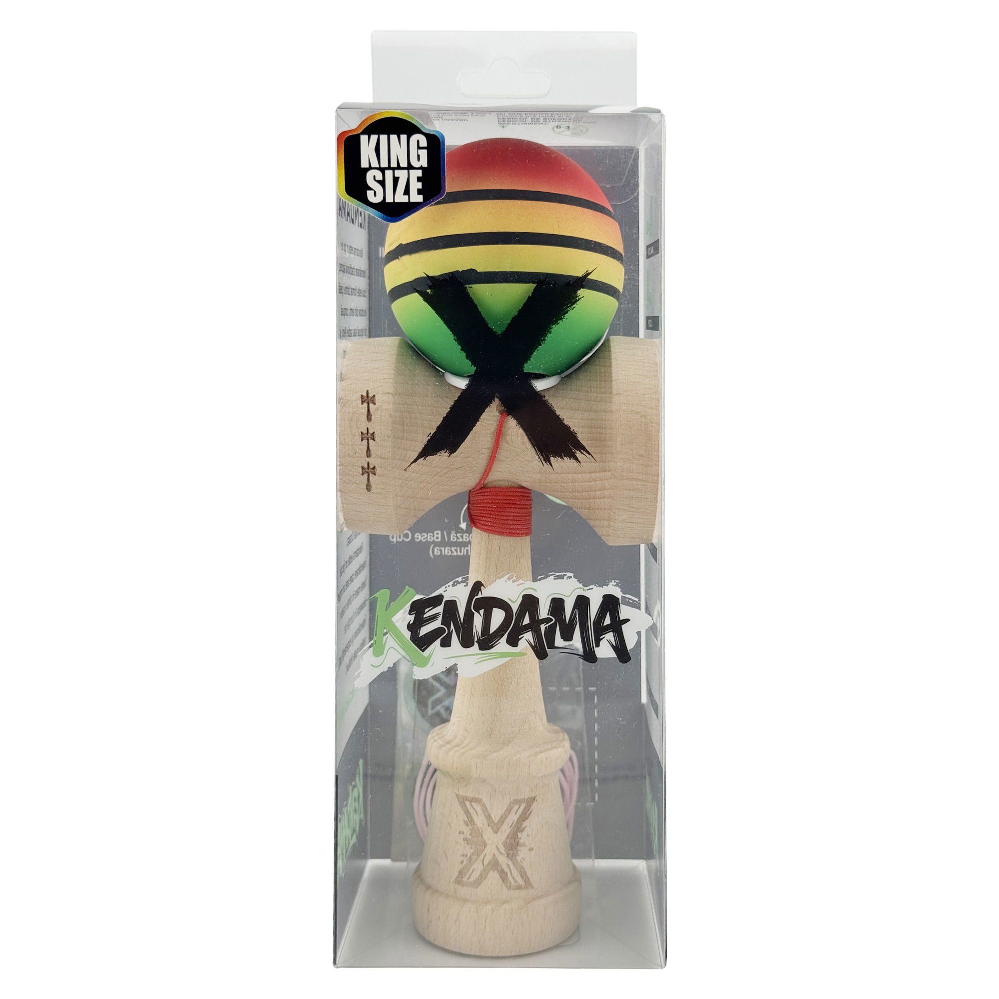 Kendama X Originala, Profesionala, Flippy, Rubber Grip, Cupe Mari KING SIZE V3, Gaura in Baza, Rulment Metalic, din lemn 18 cm, Ata 62/65 cm, Special Rosu/Galben/Verde [6]