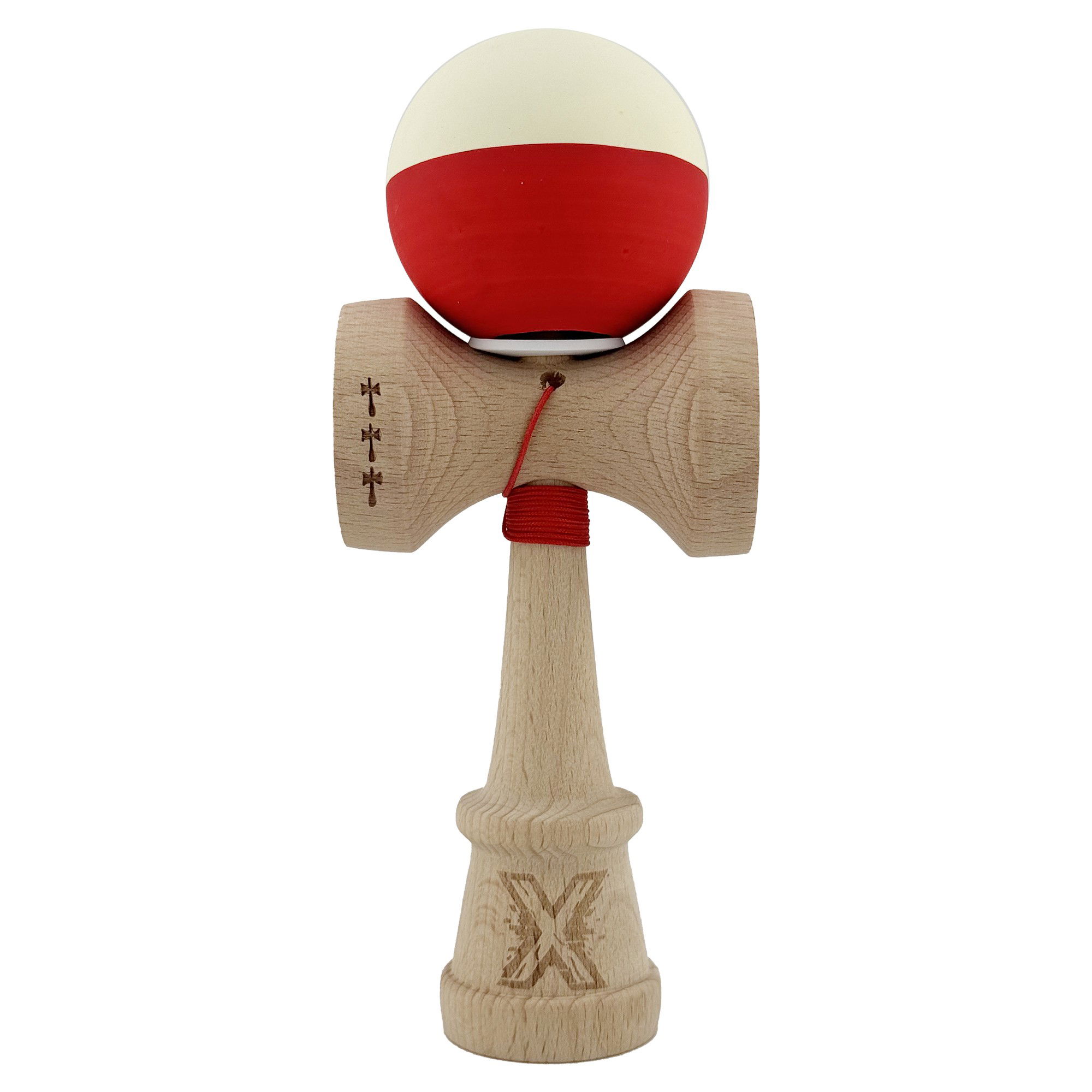 Kendama Rubber Grip V3 Cupe Mari - Kendama X Originala, Profesionala, Flippy, Rubber Grip, Cupe Mari KING SIZE V3, Gaura in Baza, Rulment Metalic, din lemn 18 cm, Ata 62/65 cm, Bicolor Galben/Rosu