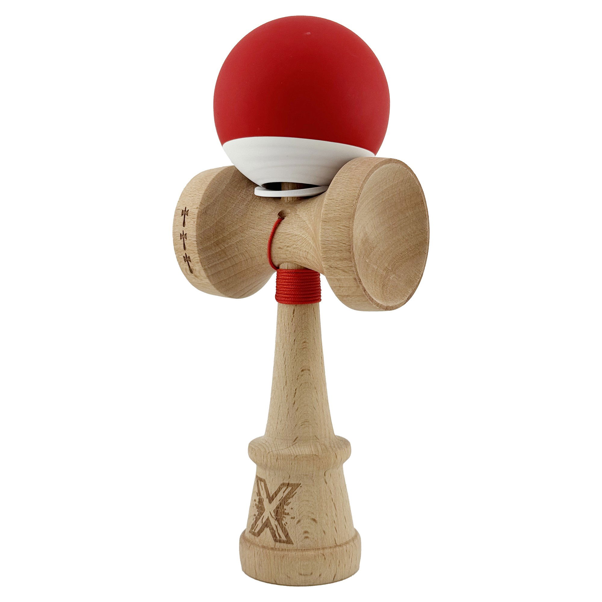 Kendama X Originala, Profesionala, Flippy, Rubber Grip, Cupe Mari KING SIZE V3, Gaura in Baza, Rulment Metalic, din lemn 18 cm, Ata 62/65 cm, Bicolor Rosu/Alb [3]