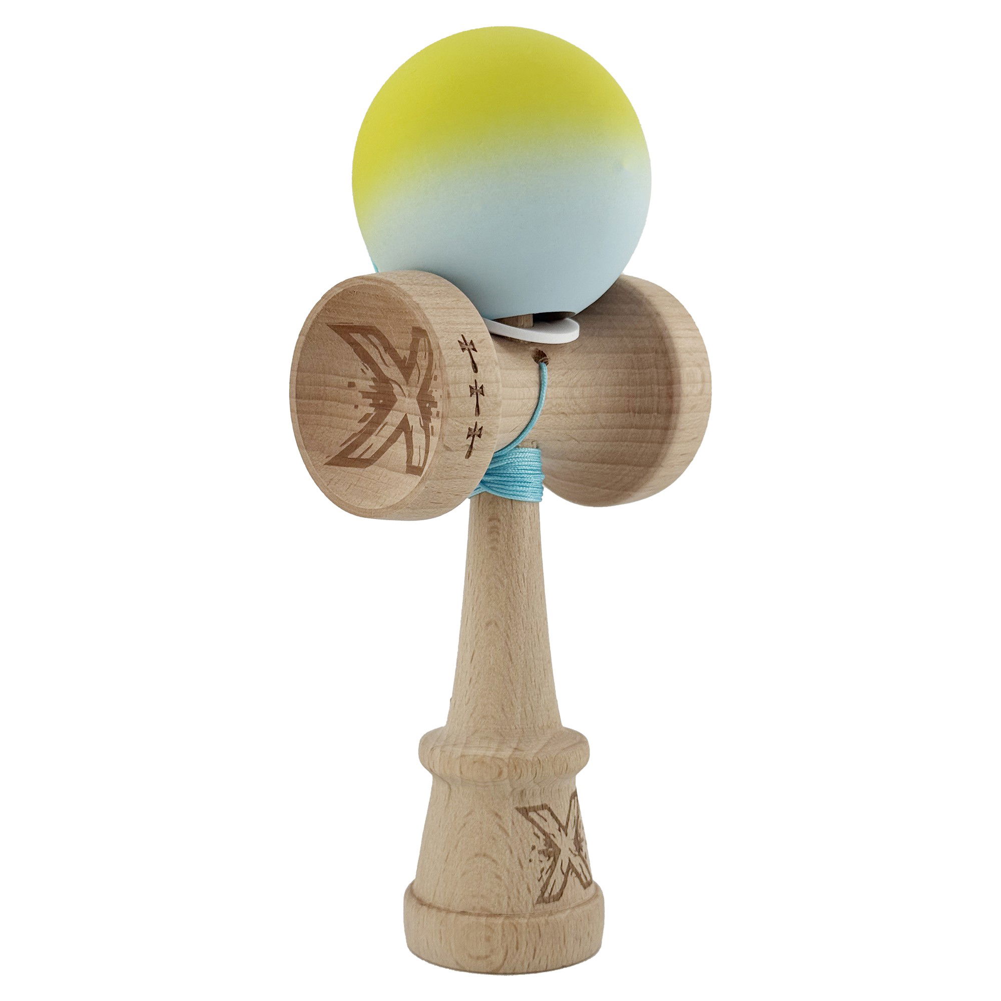 Kendama Rubber Grip V3 Cupe Mari - Kendama X Originala, Profesionala, Flippy, Rubber Grip, Cupe Mari KING SIZE V3, Gaura in Baza, Rulment Metalic, din lemn 18 cm, Ata 62/65 cm, Gradient Galben/Verde deschis