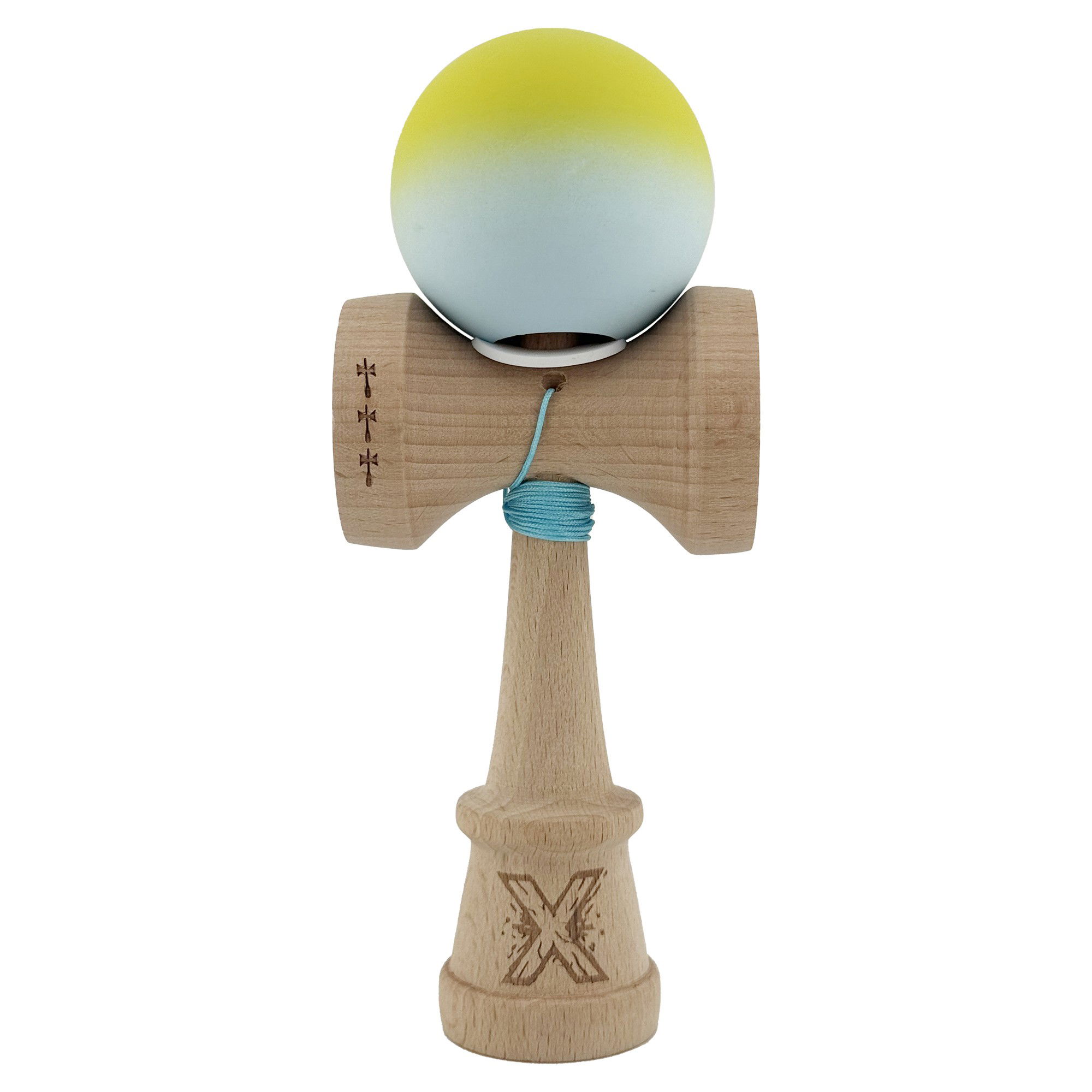 Kendama Rubber Grip V3 Cupe Mari - Kendama X Originala, Profesionala, Flippy, Rubber Grip, Cupe Mari KING SIZE V3, Gaura in Baza, Rulment Metalic, din lemn 18 cm, Ata 62/65 cm, Gradient Galben/Verde deschis