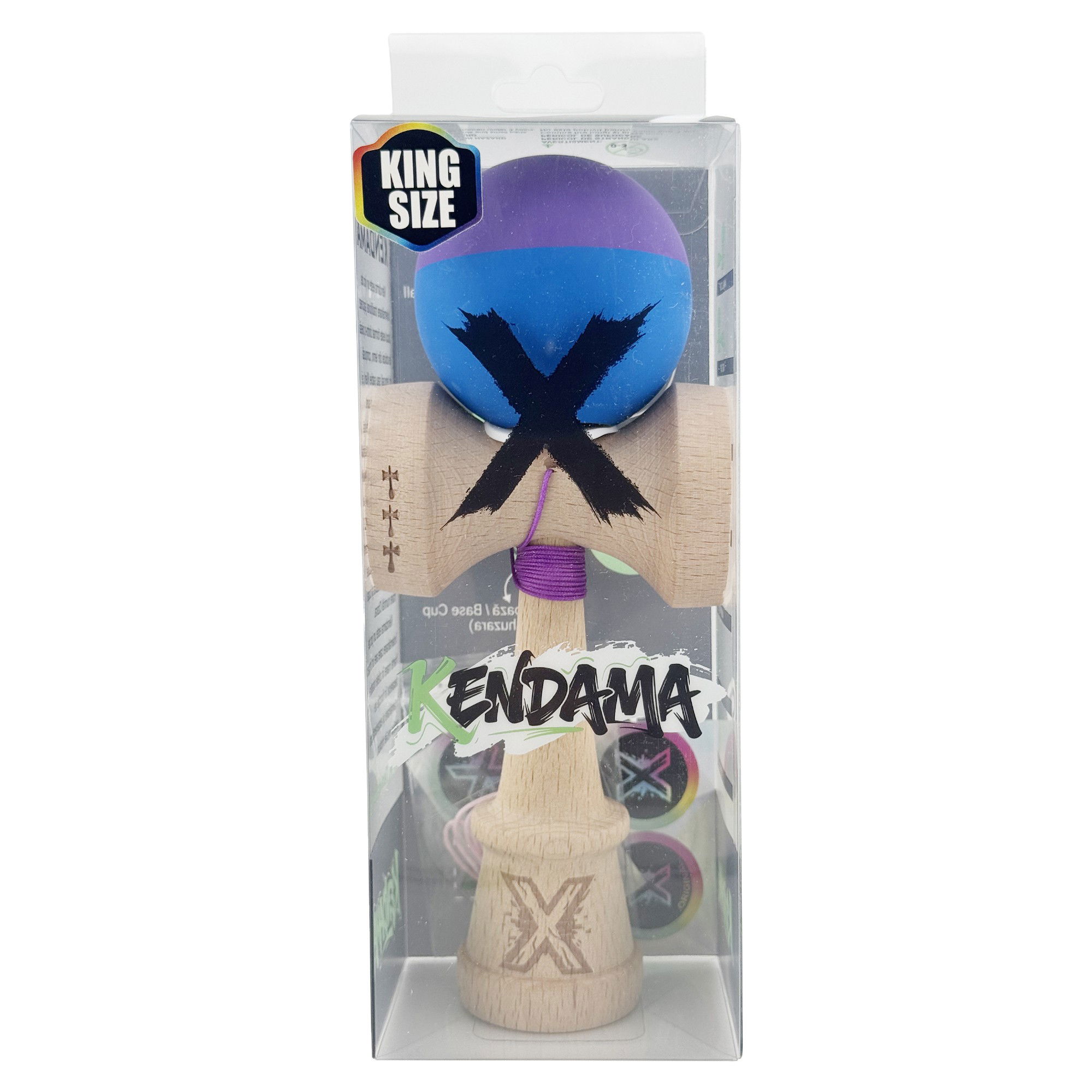 Kendama X Originala, Profesionala, Flippy, Rubber Grip, Cupe Mari KING SIZE V3, Gaura in Baza, Rulment Metalic, din lemn 18 cm, Ata 62/65 cm, Bicolor Mov/Albastru [6]