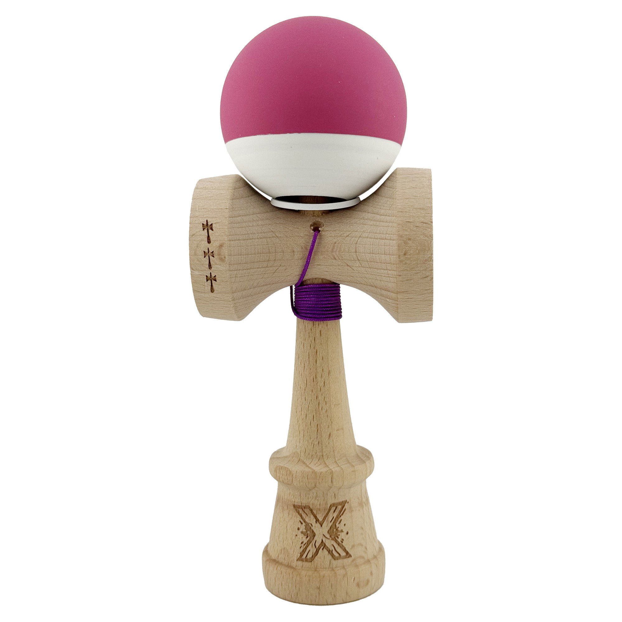 Kendama Rubber Grip V3 Cupe Mari - Kendama X Originala, Profesionala, Flippy, Rubber Grip, Cupe Mari KING SIZE V3, Gaura in Baza, Rulment Metalic, din lemn 18 cm, Ata 62/65 cm, Bicolor Roz inchis/Alb
