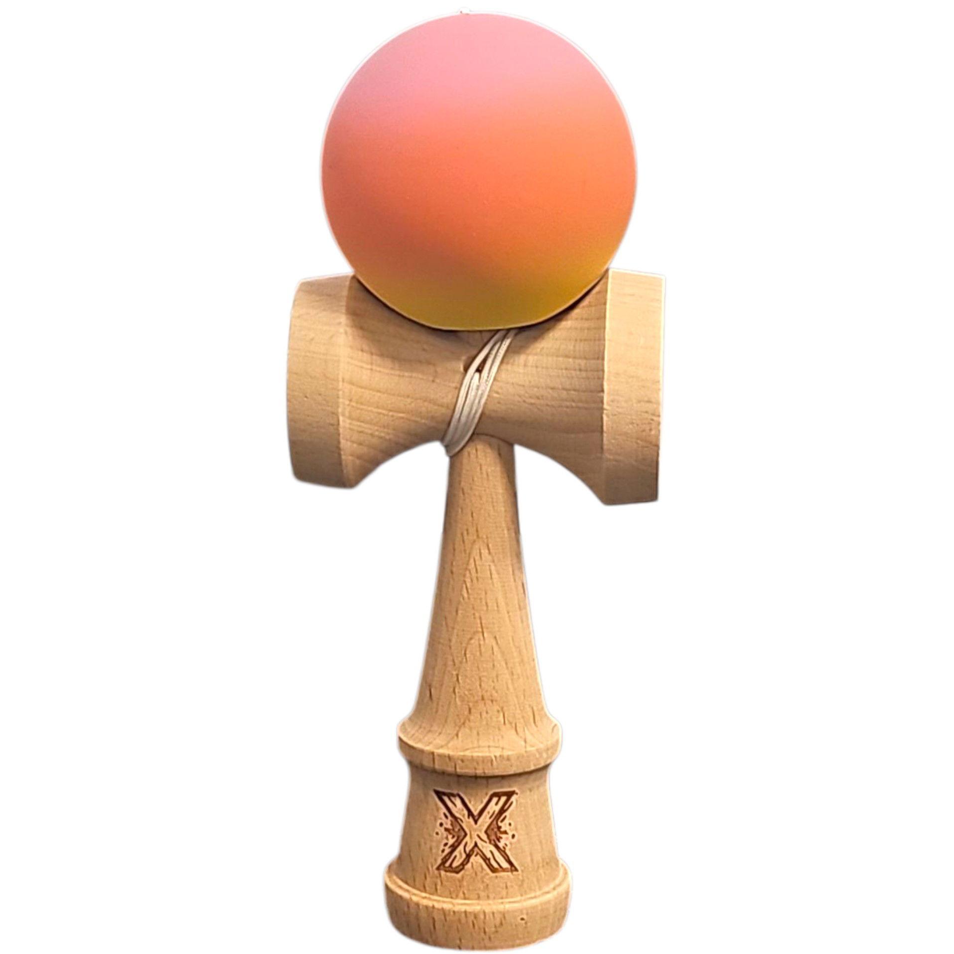 Kendama Rubber Grip - Kendama X Originala, Profesionala, Flippy, Rubber Grip, din Lemn, 18 cm, Roz/Portocaliu/Galben